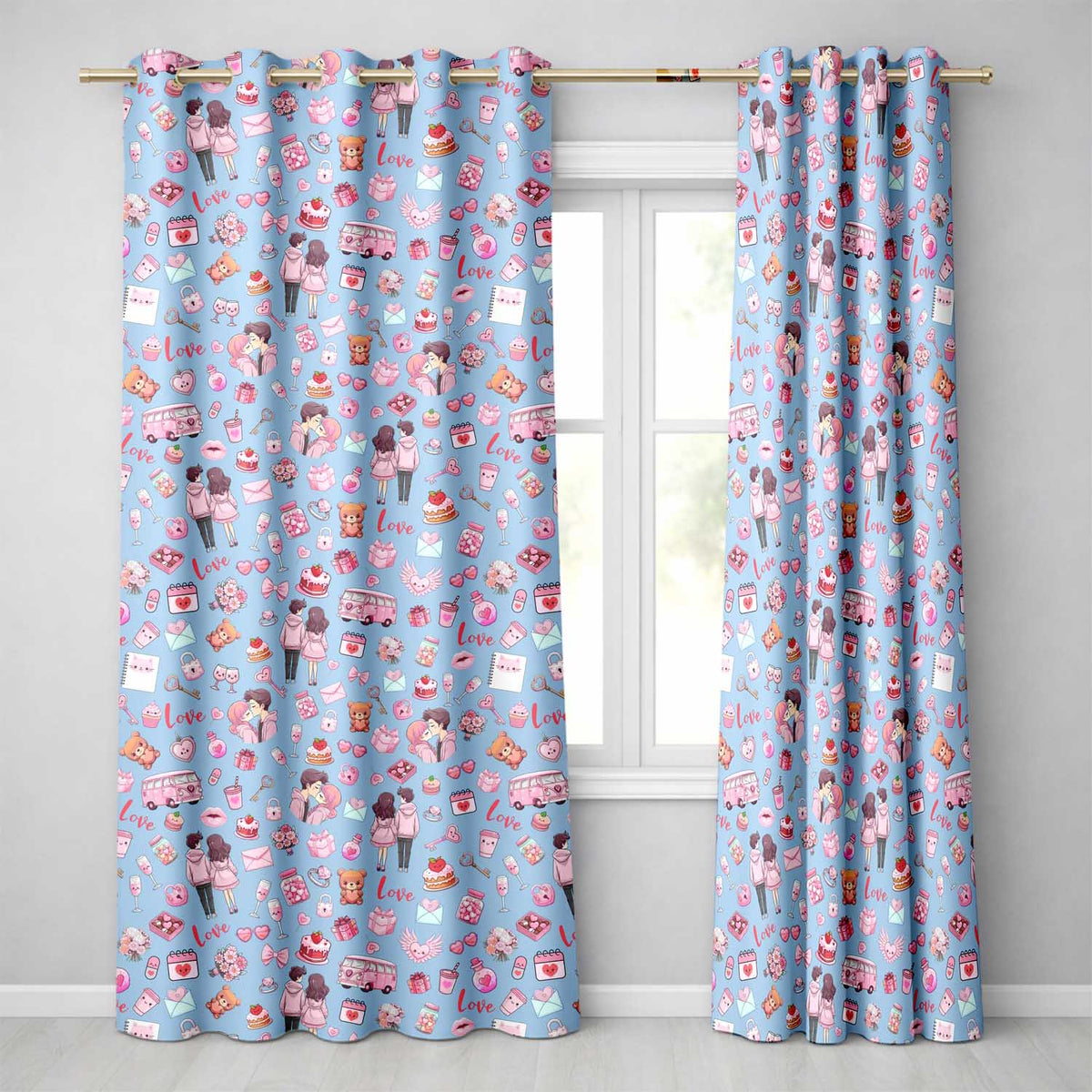 Cute Love Couple Gifts Cakes Teddy Bear Seamless Pattern Blue Background Readymade Eyelet Ring Top Thermal 100% Blackout Curtains