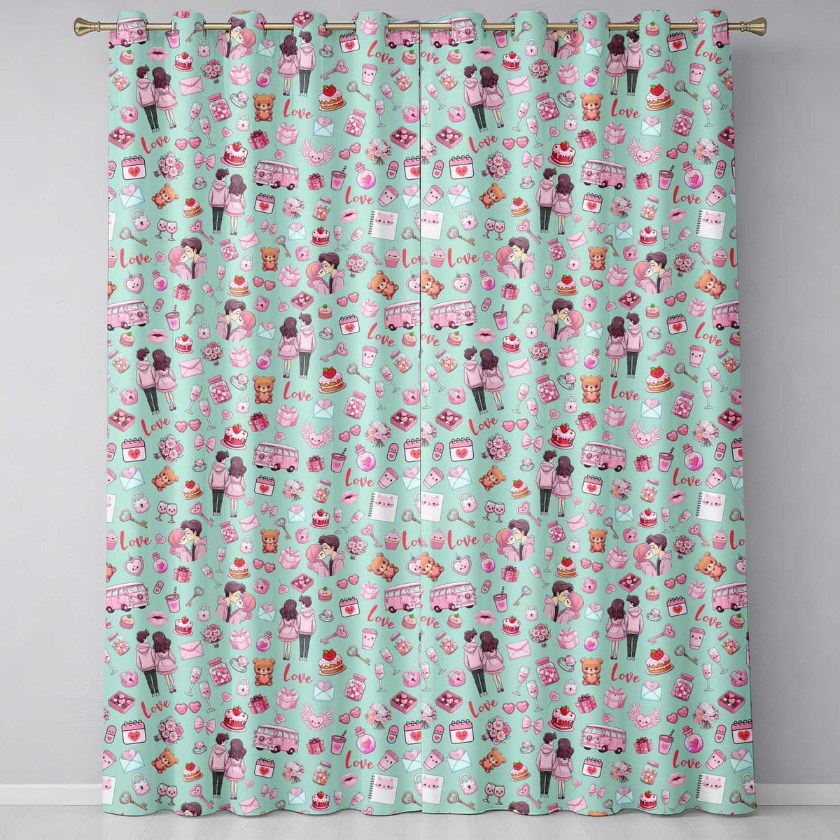 Cute Love Couple Gifts Cakes Teddy Bear Pattern Mint Green Background Readymade Eyelet Ring Top Thermal 100% Blackout Curtains