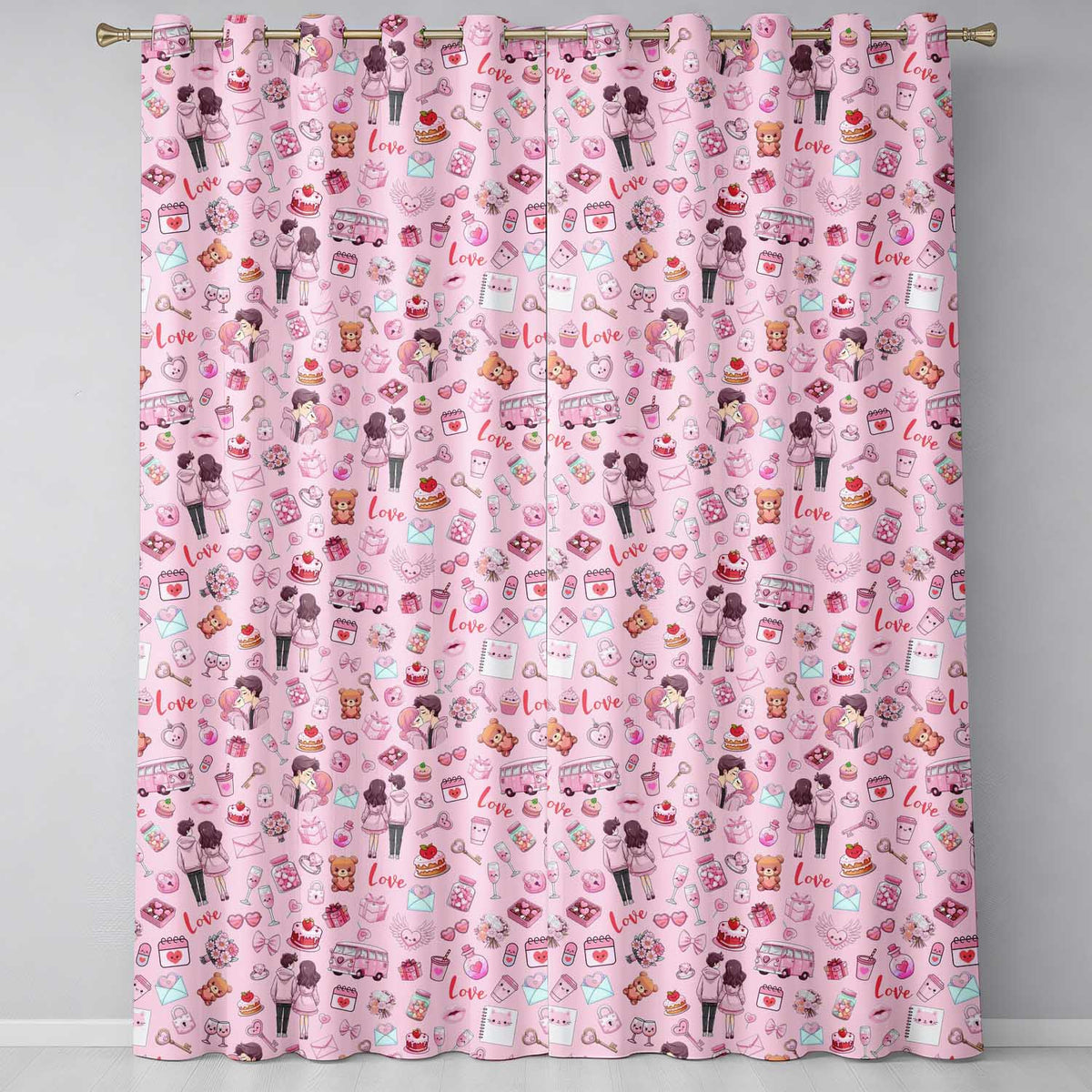 Cute Love Couple Gifts Cakes Teddy Bear Pattern Soft Pink Background Readymade Eyelet Ring Top Thermal 100% Blackout Curtains