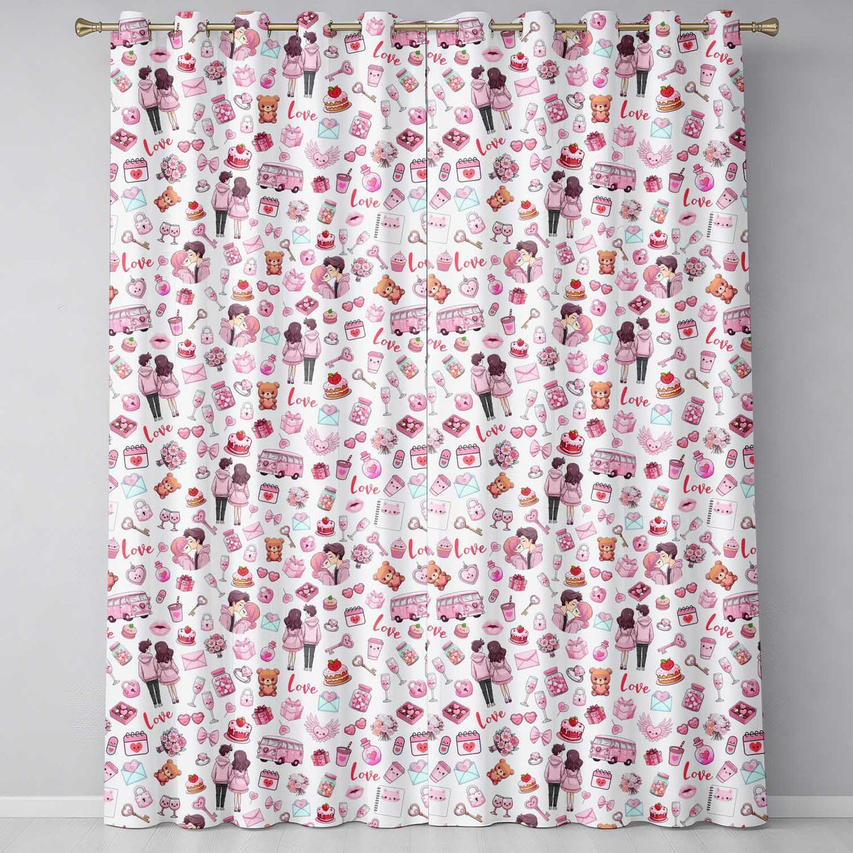 Cute Love Couple Gifts Cakes Teddy Bear Pattern Light Grey Background Readymade Eyelet Ring Top Thermal 100% Blackout Curtains