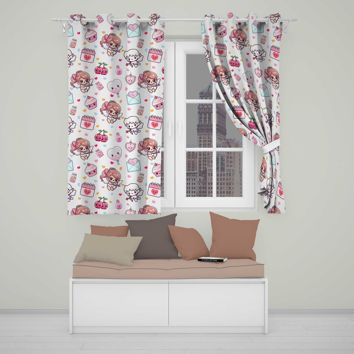 Cute Cupid Angels Hearts Sweets Balloon Love Elements Light Grey Background Readymade Eyelet Ring Top Thermal 100% Blackout Curtains
