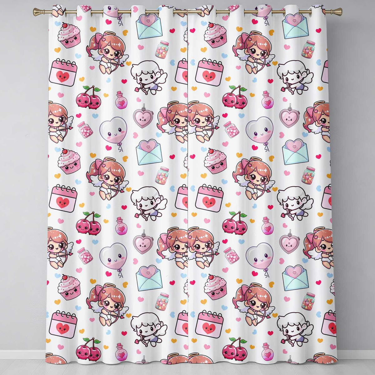 Cute Cupid Angels Hearts Sweets Balloon Love Elements Light Grey Background Readymade Eyelet Ring Top Thermal 100% Blackout Curtains