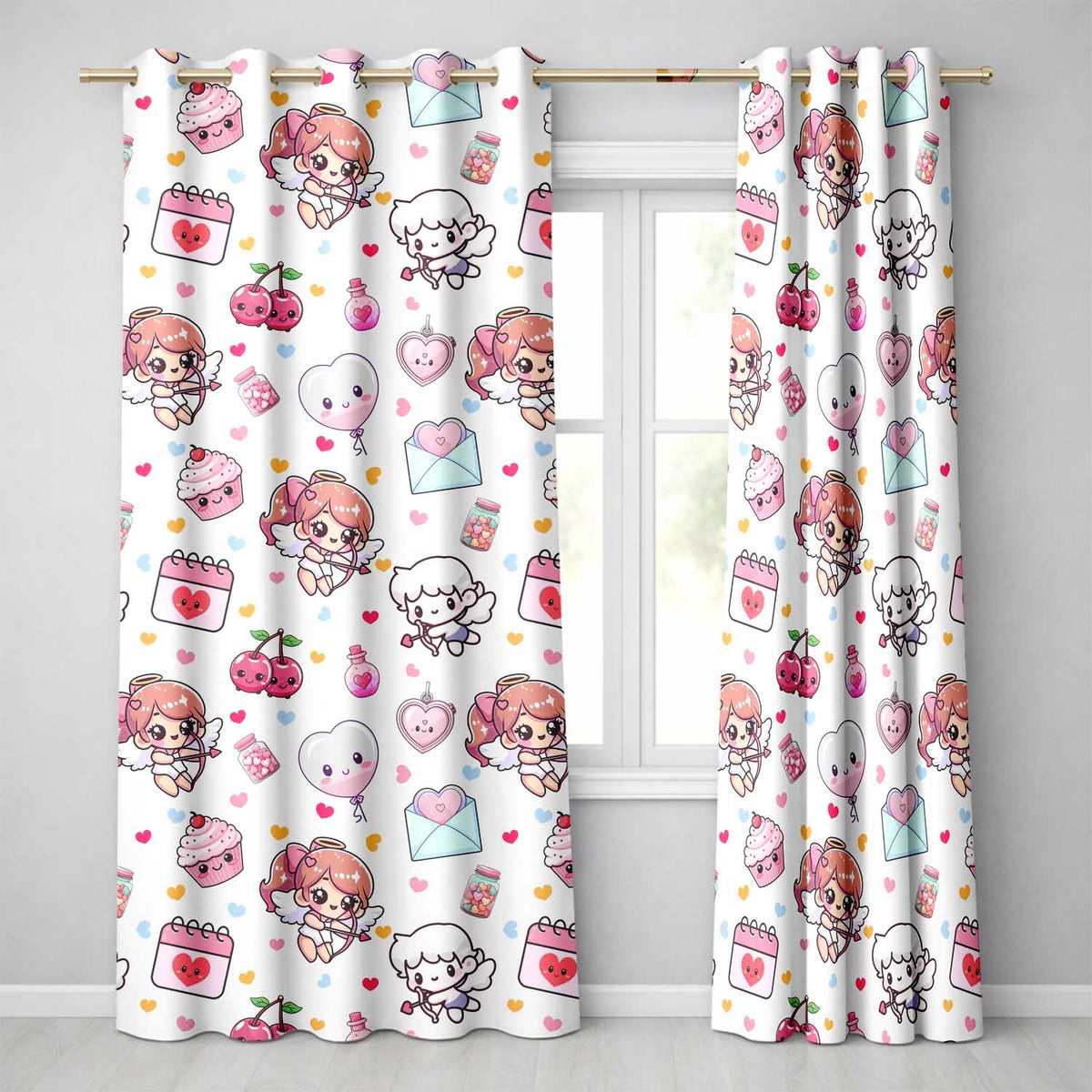 Cute Cupid Angels Hearts Sweets Balloon Love Elements Light Grey Background Readymade Eyelet Ring Top Thermal 100% Blackout Curtains