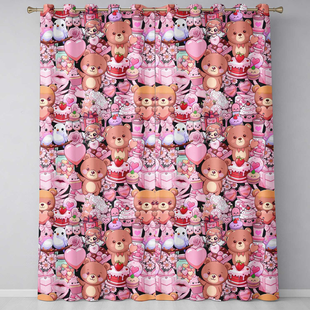 Cute Teddy Bear Cupcake Candy Hearts Romantic Collage Seamless Black Pattern Readymade Eyelet Ring Top Thermal 100% Blackout Curtains