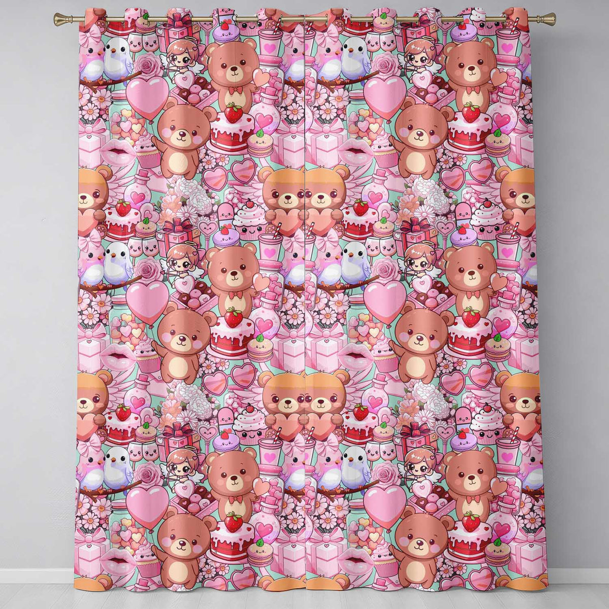 Cute Teddy Bear Cupid Cakes Hearts Flowers Valentine Kawaii Teal Background Readymade Eyelet Ring Top Thermal 100% Blackout Curtains