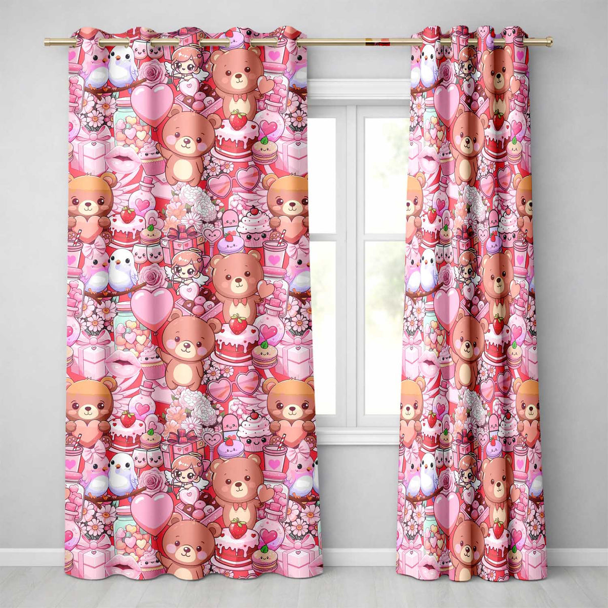 Cute Teddy Bear Cupid Cakes Hearts Flowers Valentine Kawaii Red Background Readymade Eyelet Ring Top Thermal 100% Blackout Curtains