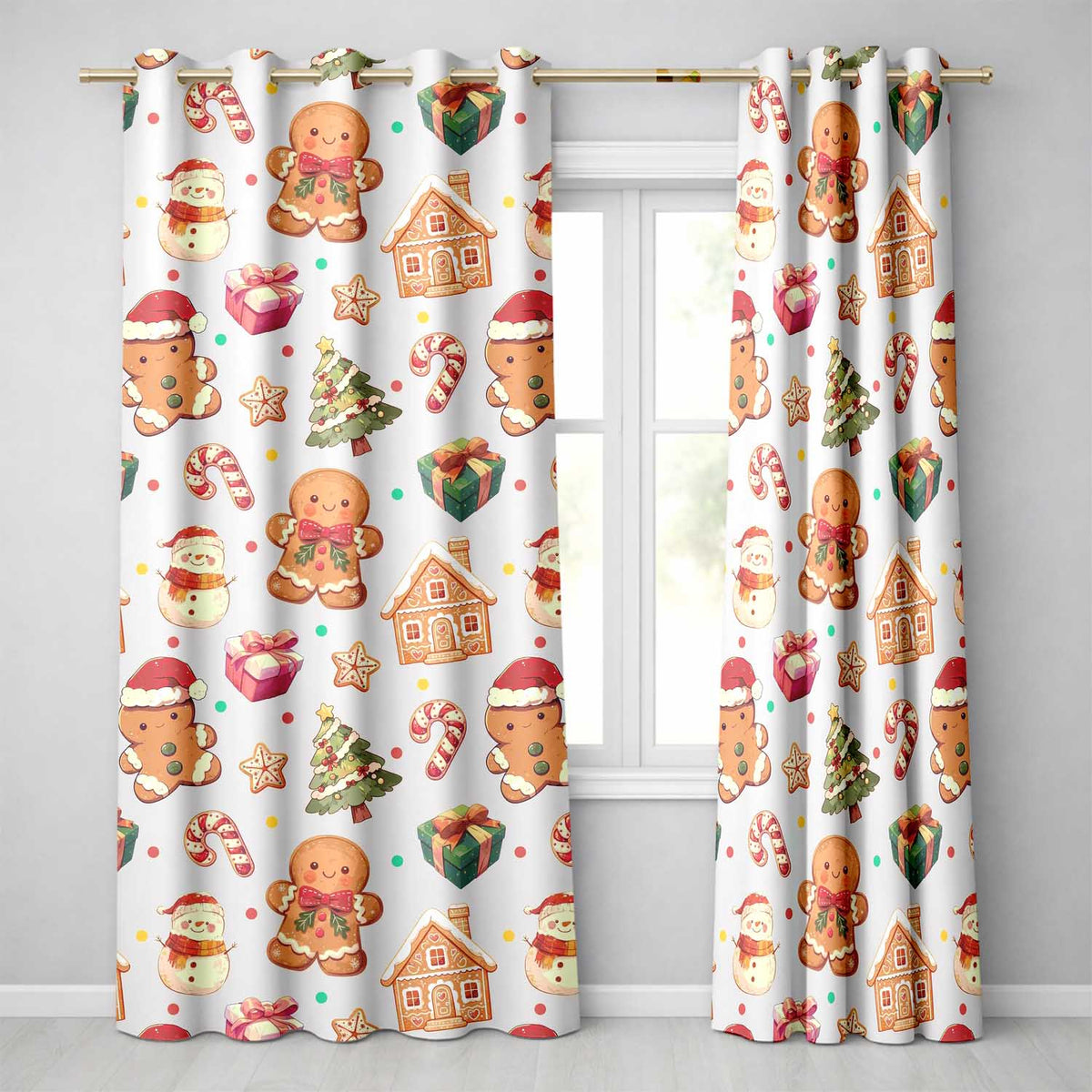 Cute Gingerbread Man Christmas Tree Candy Cane Holiday Beige Background Readymade Eyelet Ring Top Thermal 100% Blackout Curtains