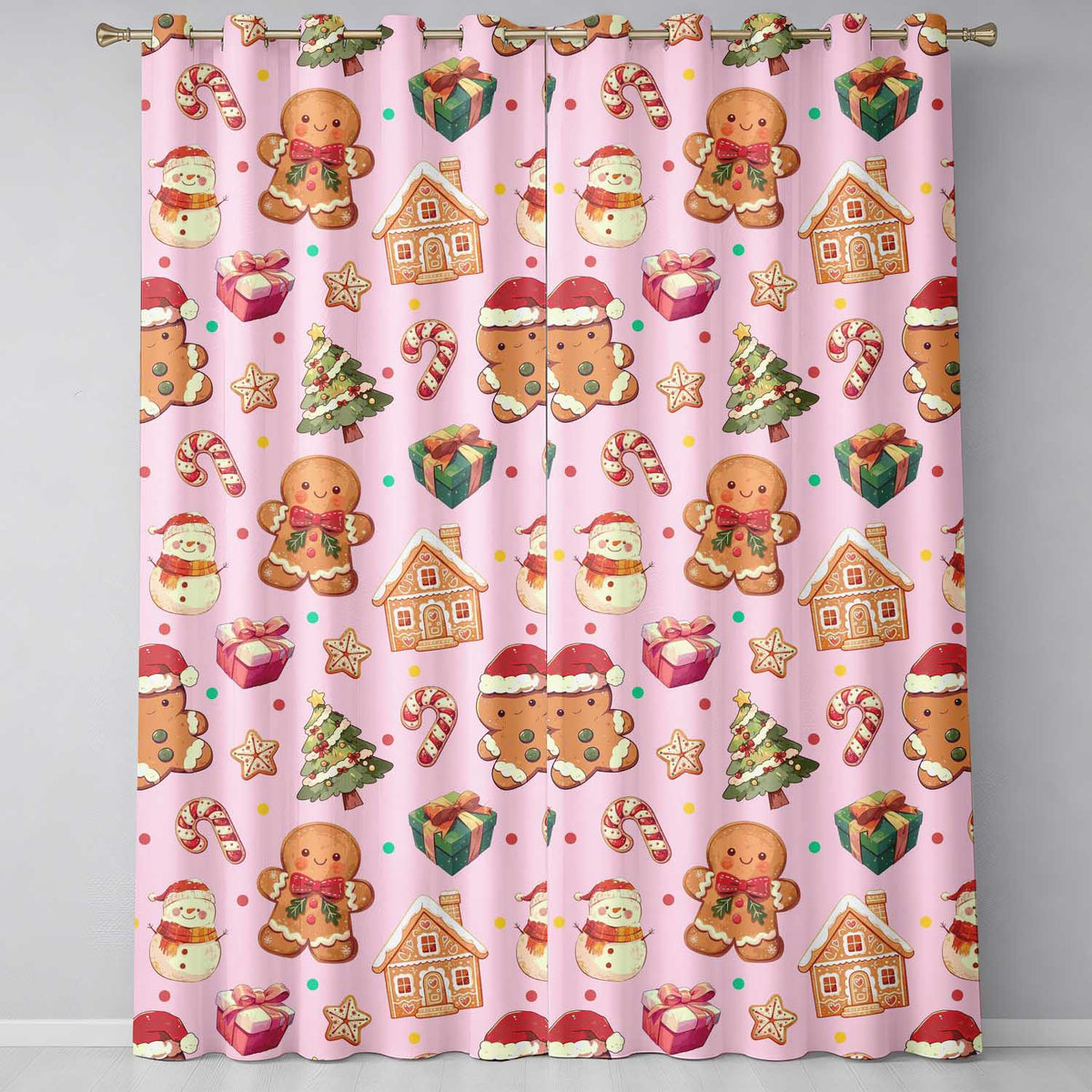 Cute Gingerbread Man Christmas Tree Candy Cane Holiday Pattern Pink Background Readymade Eyelet Ring Top Thermal 100% Blackout Curtains