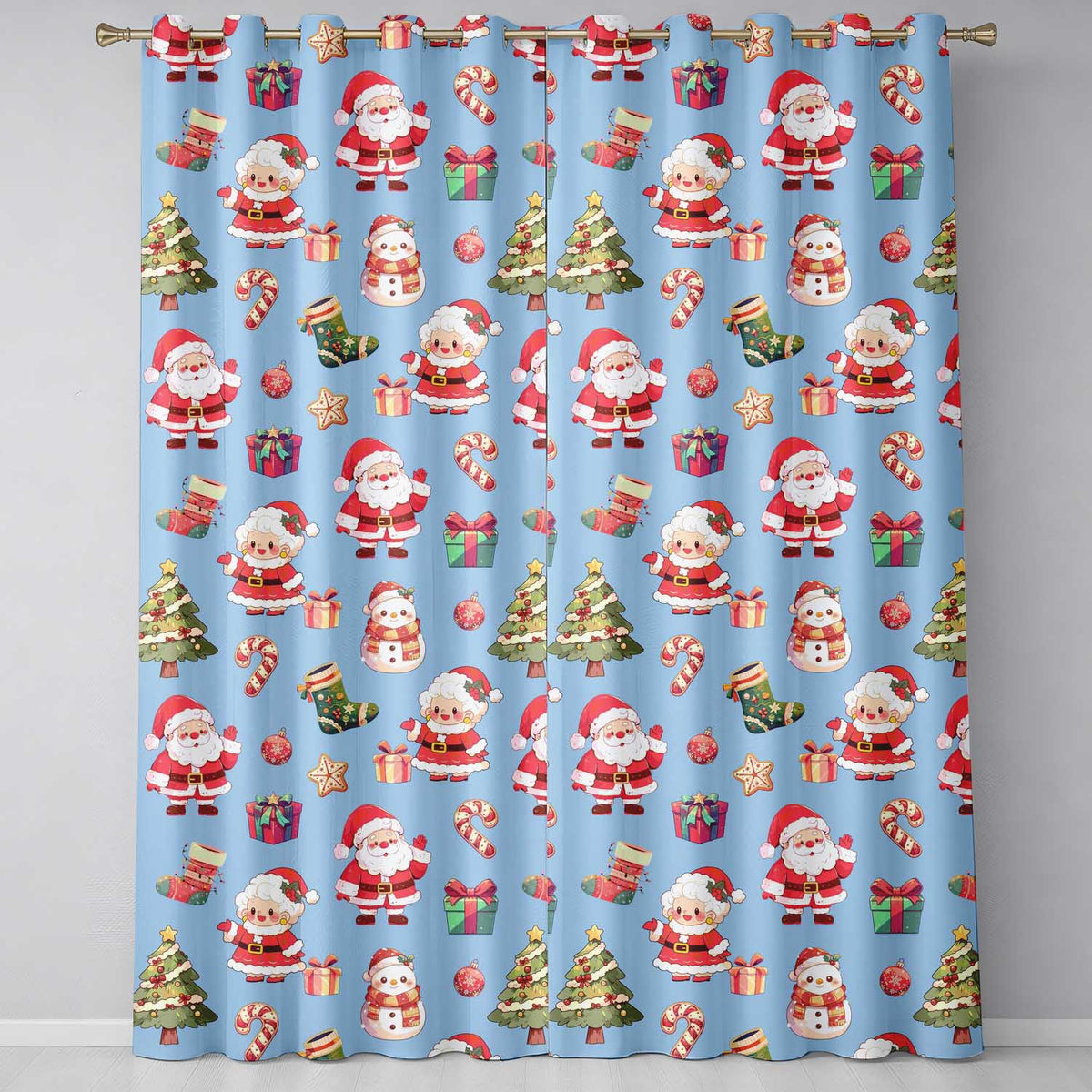 Cute Santa Claus Mrs Claus Snowman Christmas Gift Pattern Blue Background Readymade Eyelet Ring Top Thermal 100% Blackout Curtains