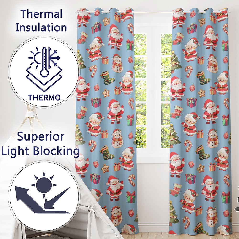 Cute Santa Claus Mrs Claus Snowman Christmas Gift Pattern Blue Background Readymade Eyelet Ring Top Thermal 100% Blackout Curtains