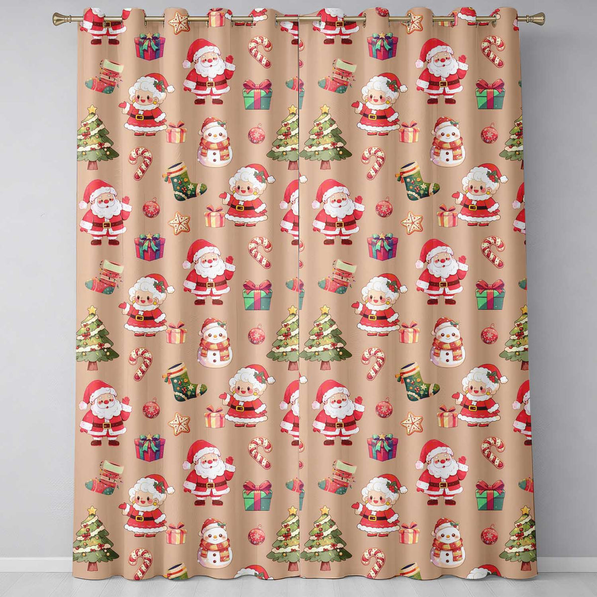 Cute Santa Claus Mrs Claus Snowman Christmas Gift Pattern Peach Background Readymade Eyelet Ring Top Thermal 100% Blackout Curtains