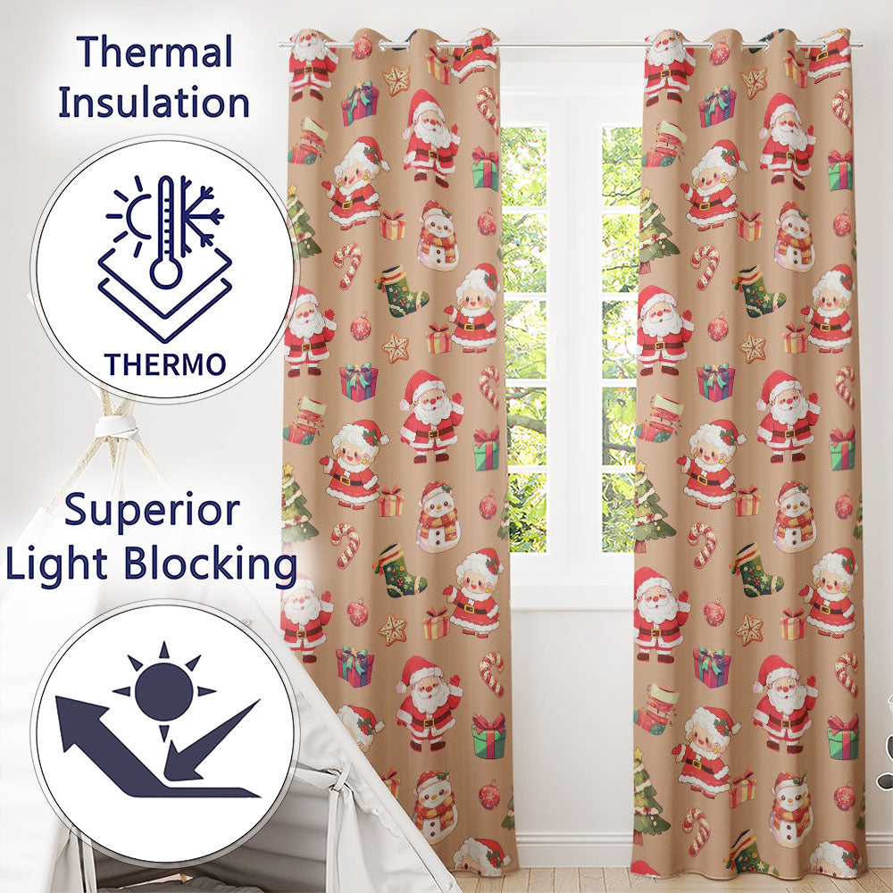 Cute Santa Claus Mrs Claus Snowman Christmas Gift Pattern Peach Background Readymade Eyelet Ring Top Thermal 100% Blackout Curtains