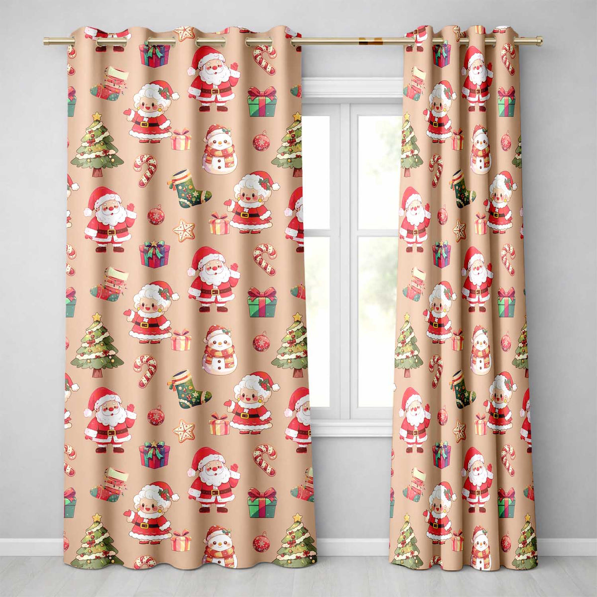 Cute Santa Claus Mrs Claus Snowman Christmas Gift Pattern Peach Background Readymade Eyelet Ring Top Thermal 100% Blackout Curtains