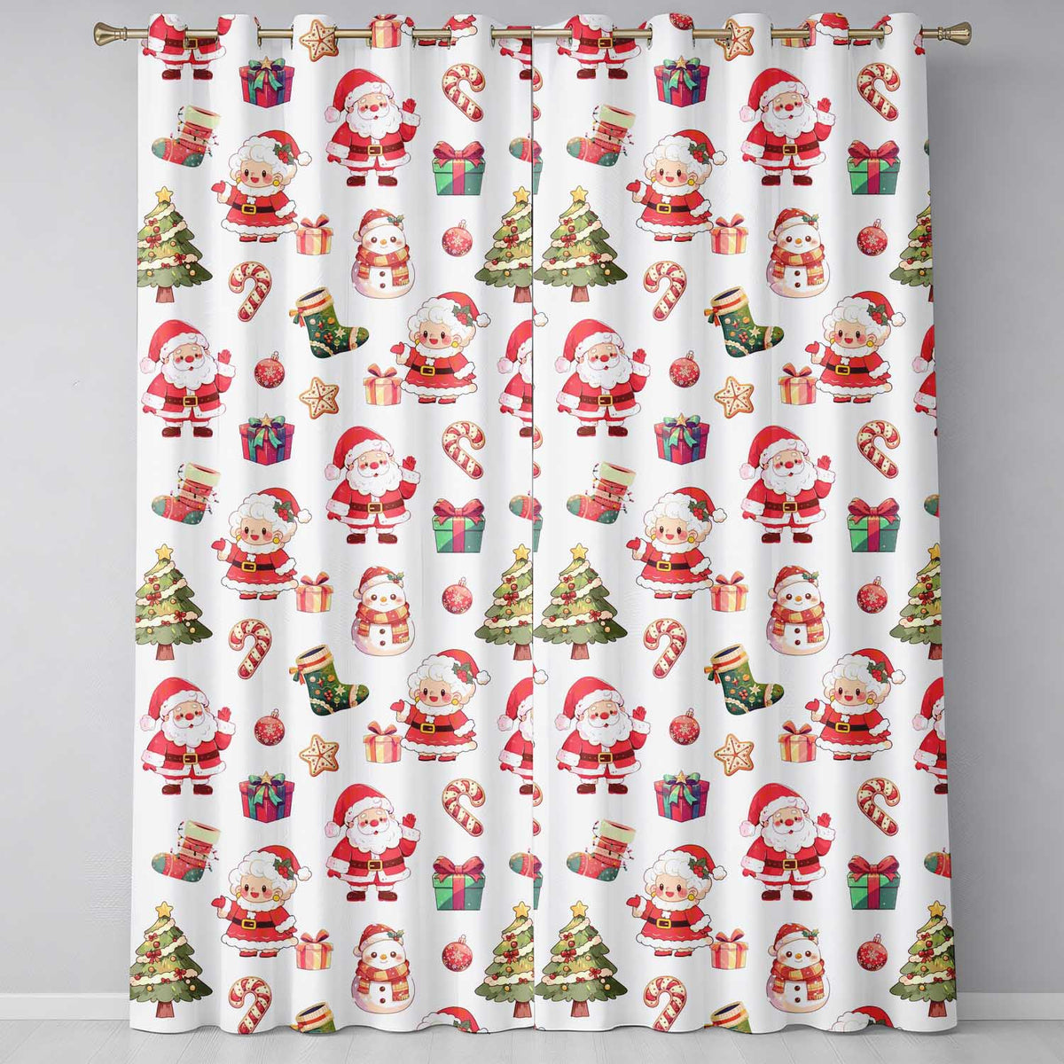Cute Santa Claus Mrs Claus Snowman Christmas Gift Candy Cane White Background Readymade Eyelet Ring Top Thermal 100% Blackout Curtains
