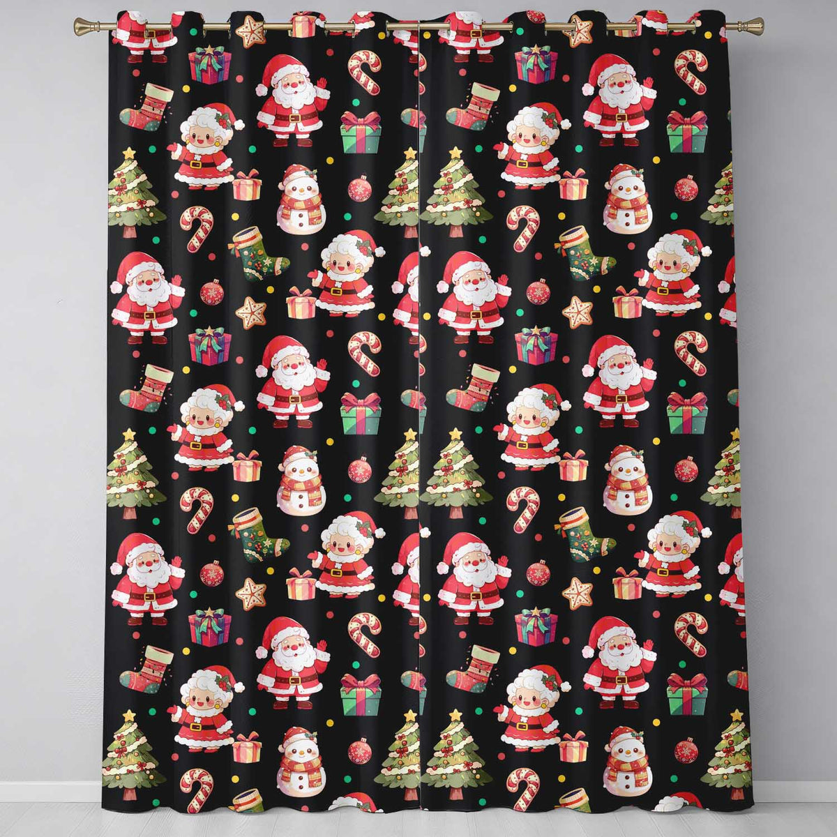 Cute Santa Claus Mrs Claus Snowman Christmas Gift Candy Cane Black Background Readymade Eyelet Ring Top Thermal 100% Blackout Curtains