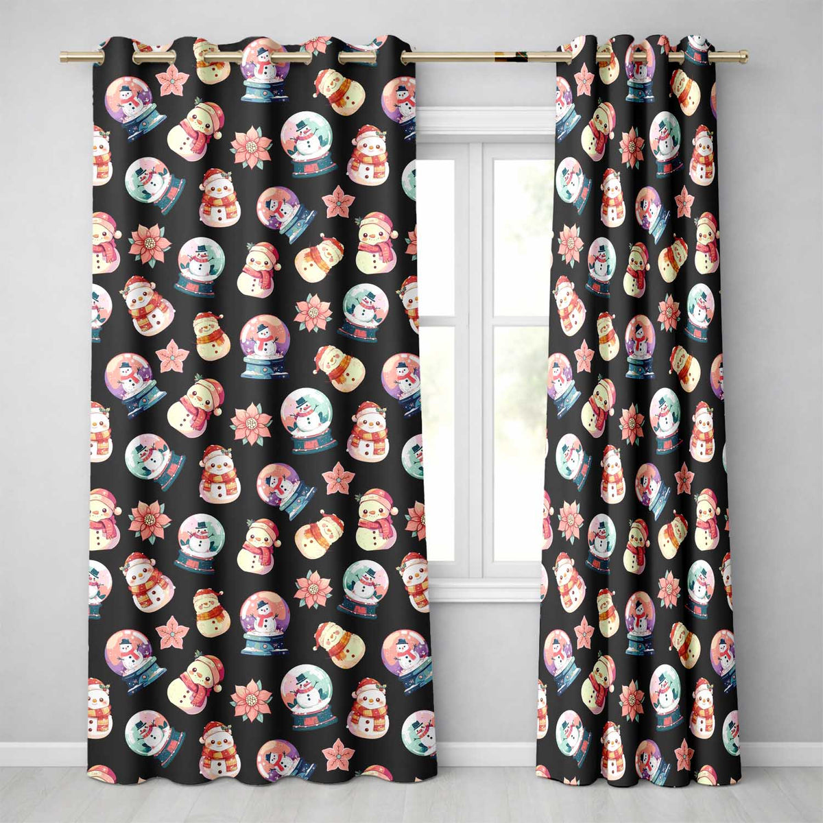 Cute Snowman Snow Globe Poinsettia Flower Christmas Pattern Black Background Readymade Eyelet Ring Top Thermal 100% Blackout Curtains