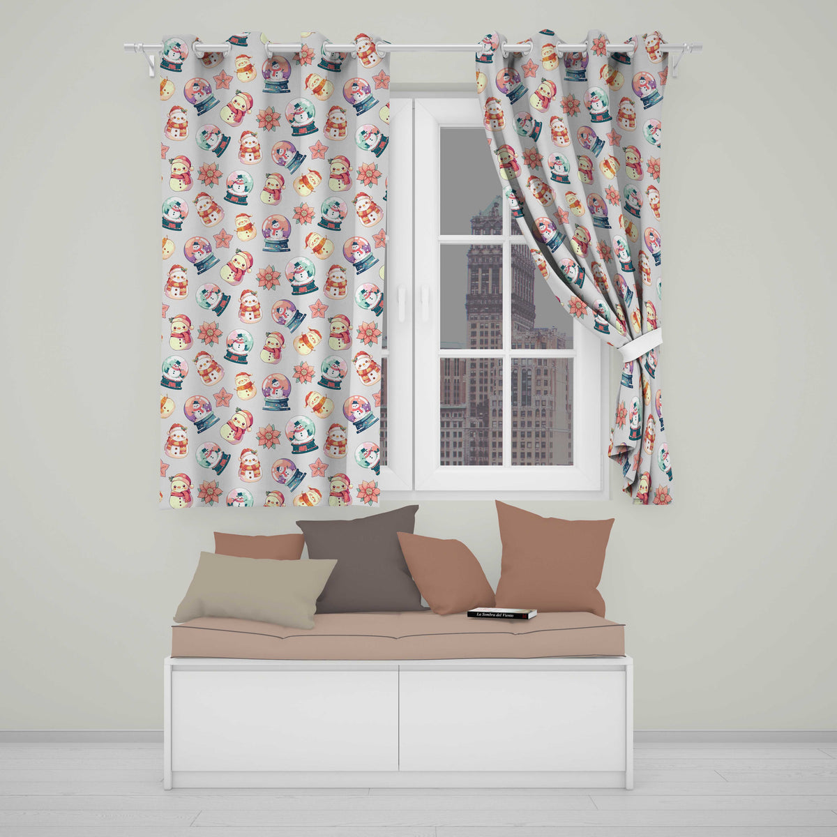 Cute Snowman Snow Globe Poinsettia Flower Christmas Pattern Cream Background Readymade Eyelet Ring Top Thermal 100% Blackout Curtains
