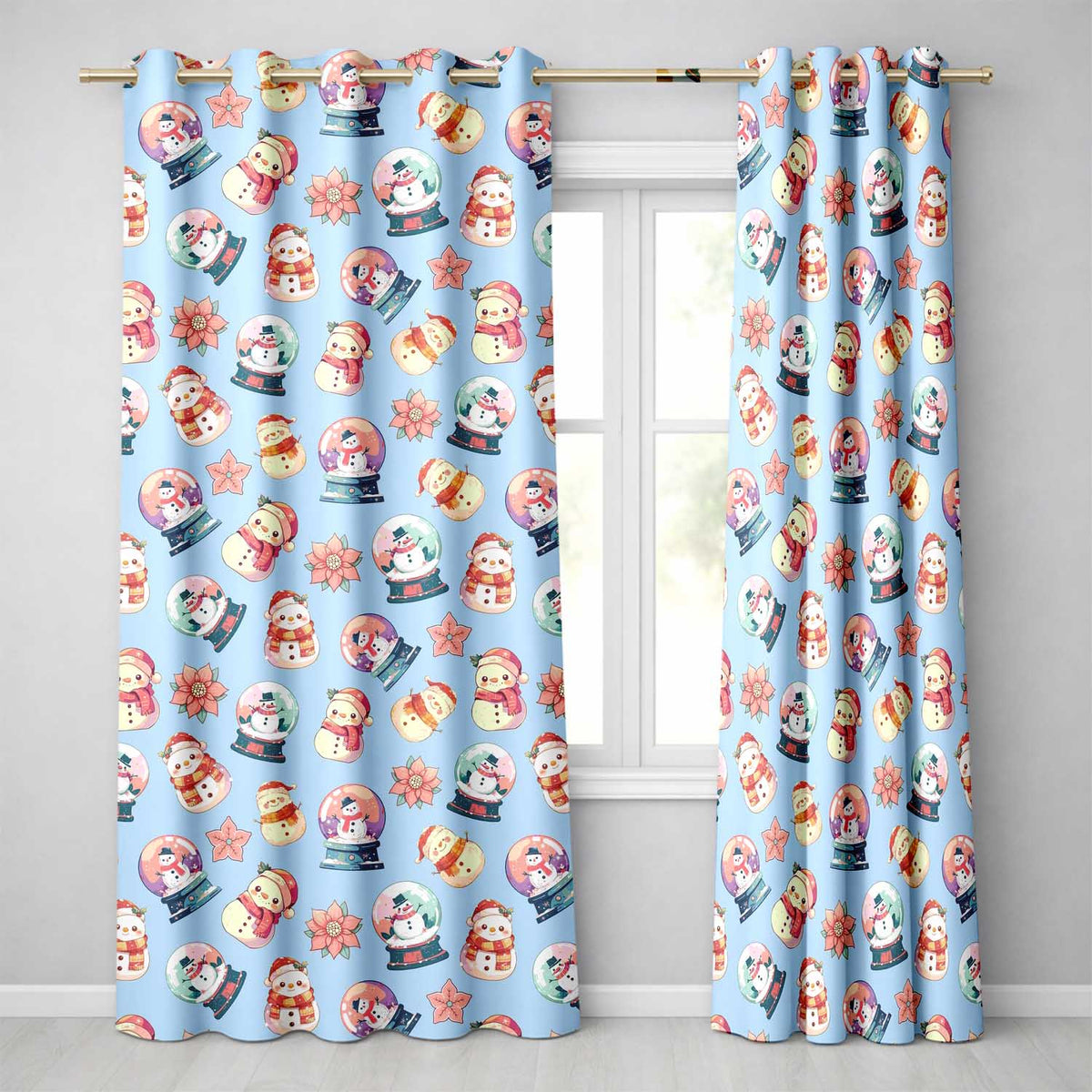 Cute Snowman Snow Globe Poinsettia Flower Christmas Pattern Blue Background Readymade Eyelet Ring Top Thermal 100% Blackout Curtains