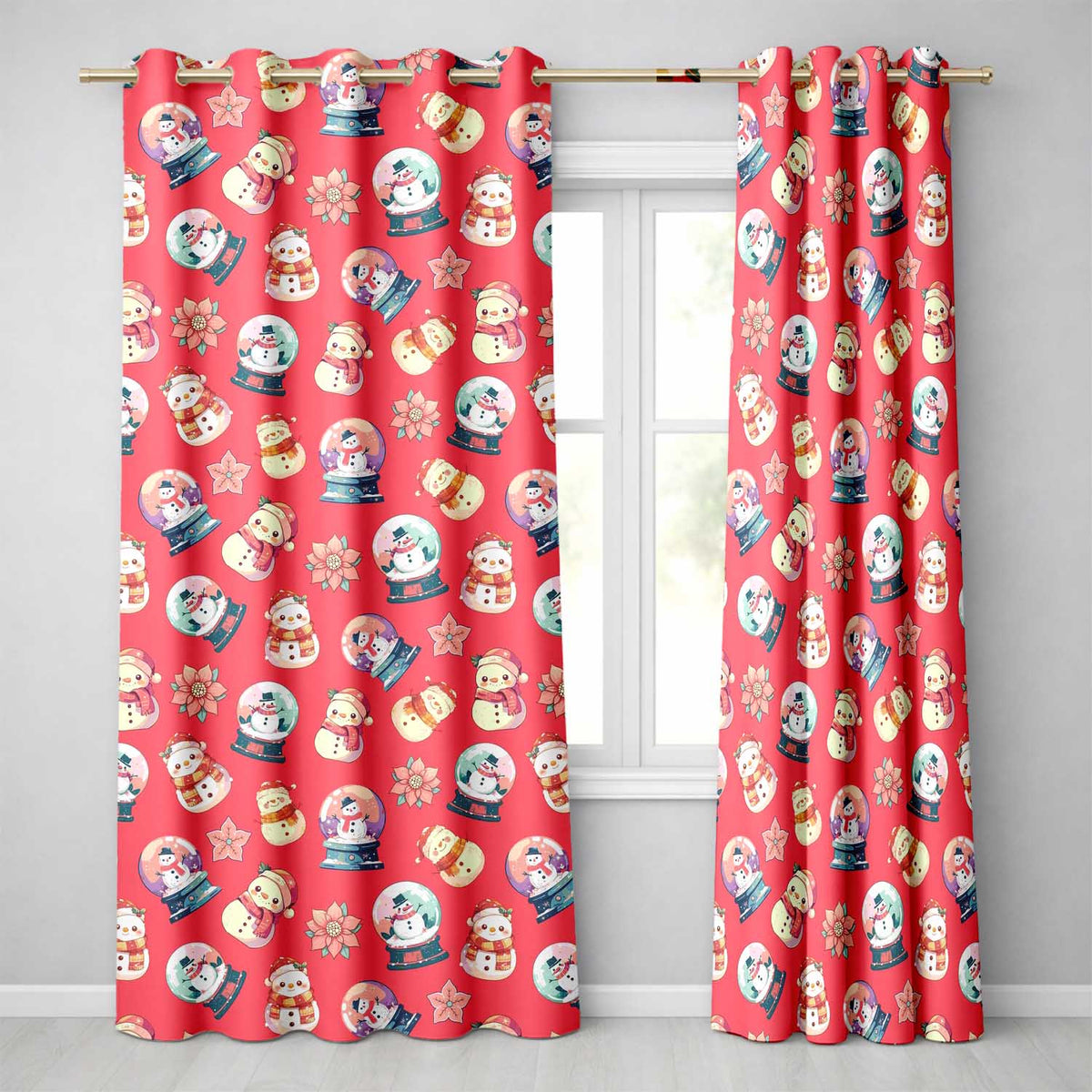 Cute Snowman Snow Globe Poinsettia Flower Christmas Pattern Red Background Readymade Eyelet Ring Top Thermal 100% Blackout Curtains