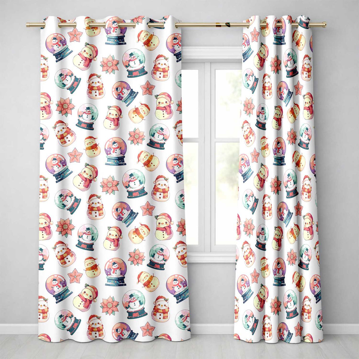 Cute Snowman Snow Globe Poinsettia Flower Christmas Pattern White Background Readymade Eyelet Ring Top Thermal 100% Blackout Curtains
