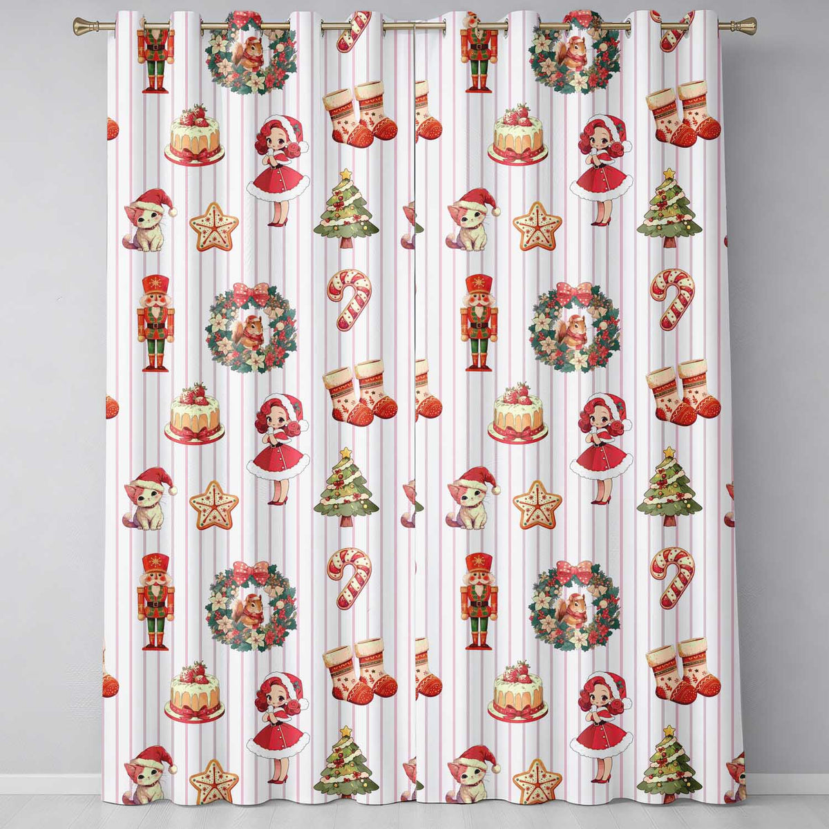 Christmas Nutcracker Squirrel Candy Cane Girl Tree Neutral Stripe Background Readymade Eyelet Ring Top Thermal 100% Blackout Curtains