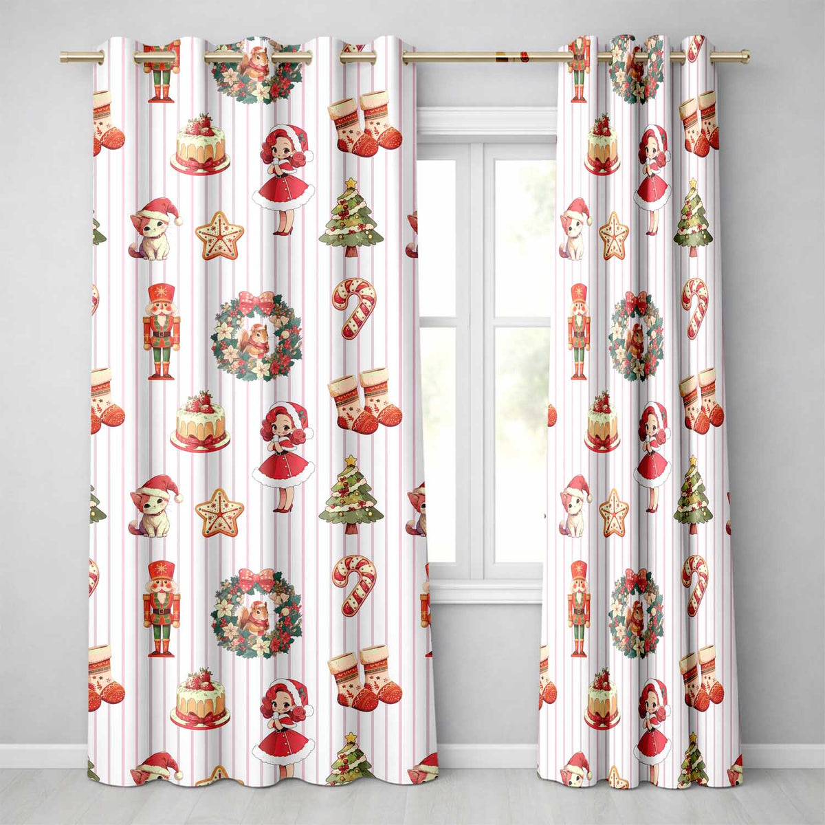 Christmas Nutcracker Squirrel Candy Cane Girl Tree Neutral Stripe Background Readymade Eyelet Ring Top Thermal 100% Blackout Curtains