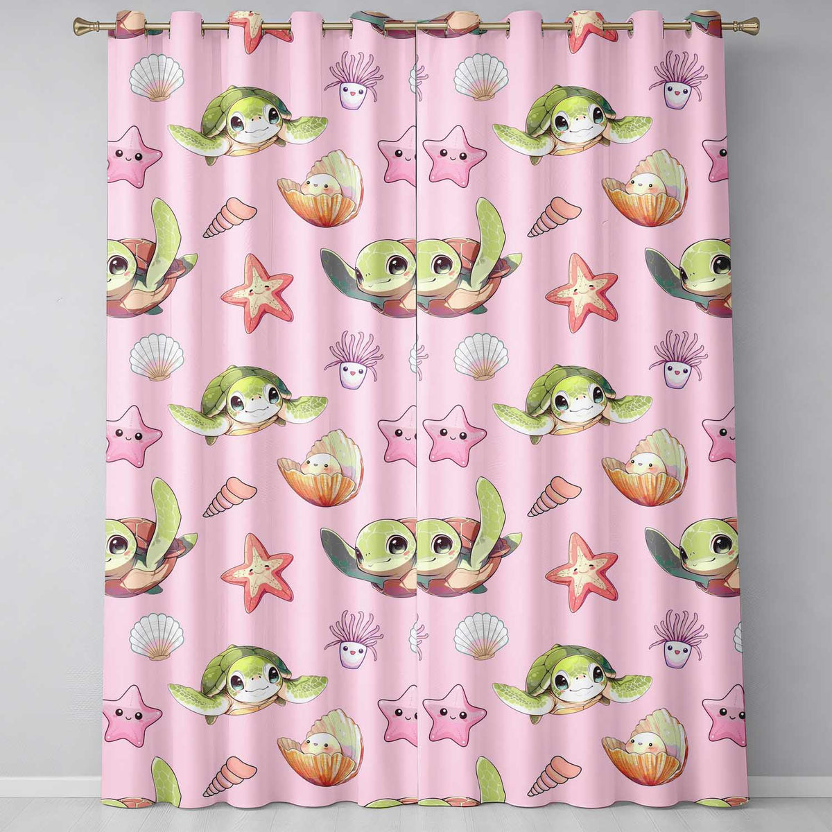 Cute Sea Turtle Starfish Shell Kawaii Ocean Seamless Pattern Pink Background Readymade Eyelet Ring Top Thermal 100% Blackout Curtains