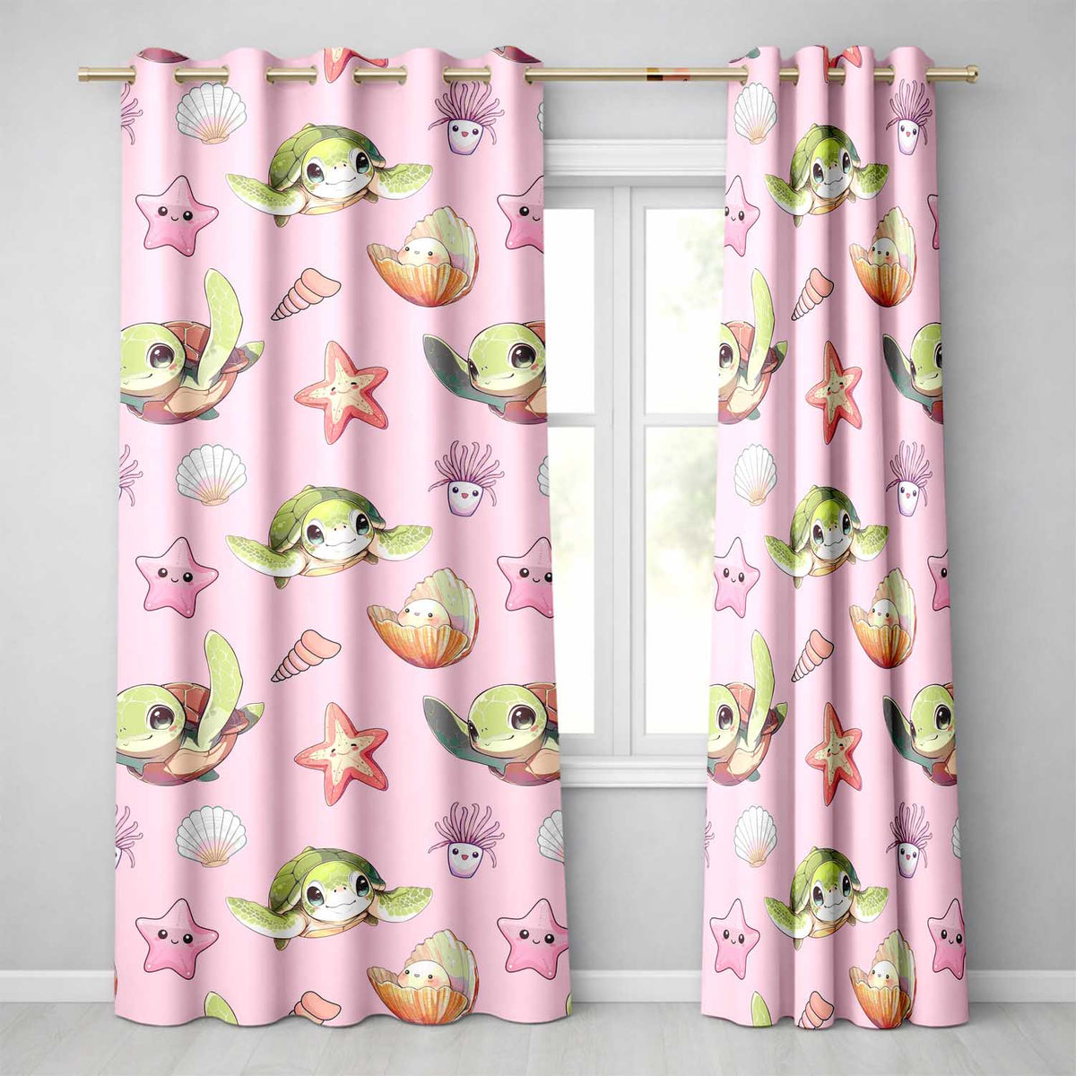 Cute Sea Turtle Starfish Shell Kawaii Ocean Seamless Pattern Pink Background Readymade Eyelet Ring Top Thermal 100% Blackout Curtains