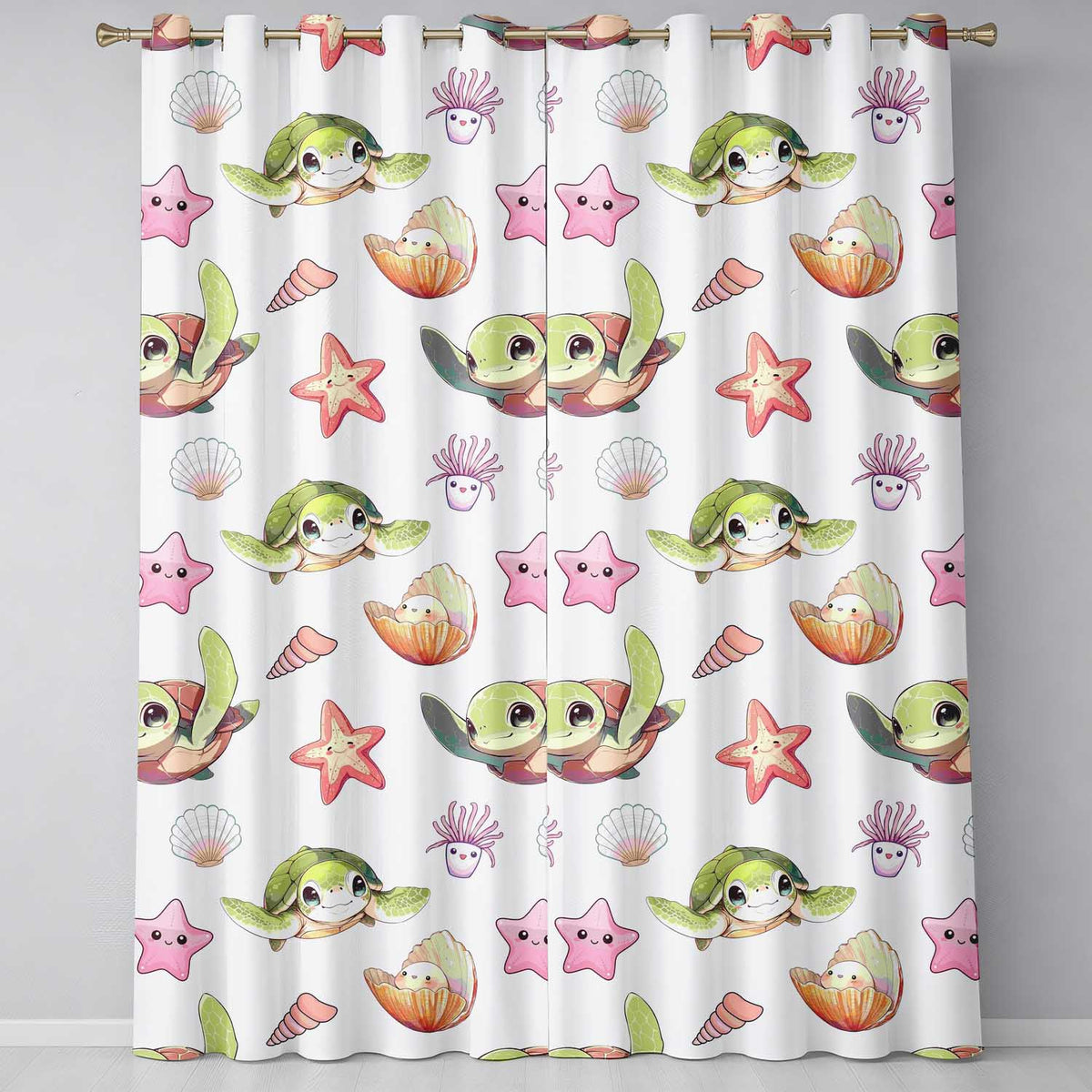 Cute Sea Turtle Starfish Shell Kawaii Ocean Pattern Light Grey Background Readymade Eyelet Ring Top Thermal 100% Blackout Curtains