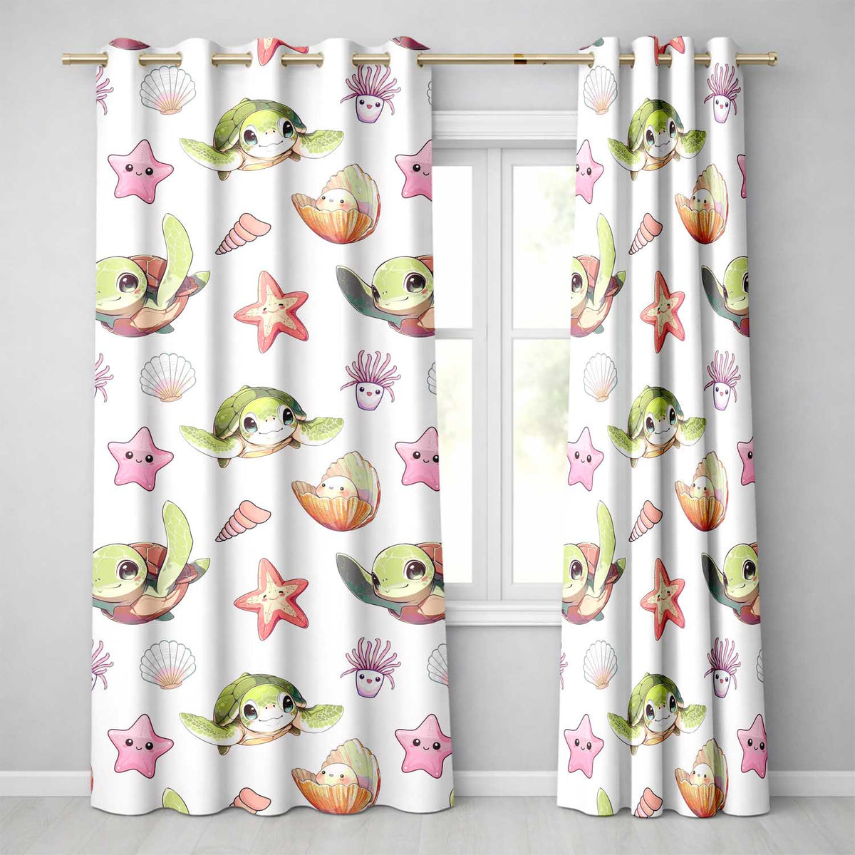 Cute Sea Turtle Starfish Shell Kawaii Ocean Pattern Light Grey Background Readymade Eyelet Ring Top Thermal 100% Blackout Curtains