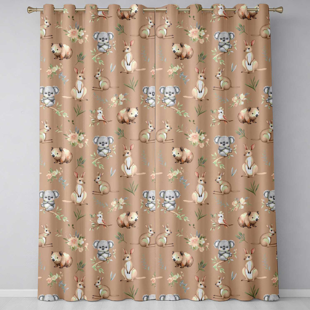 Cute Woodland Animals Koala Kangaroo Bear Floral Pattern Brown Background Readymade Eyelet Ring Top Thermal 100% Blackout Curtains