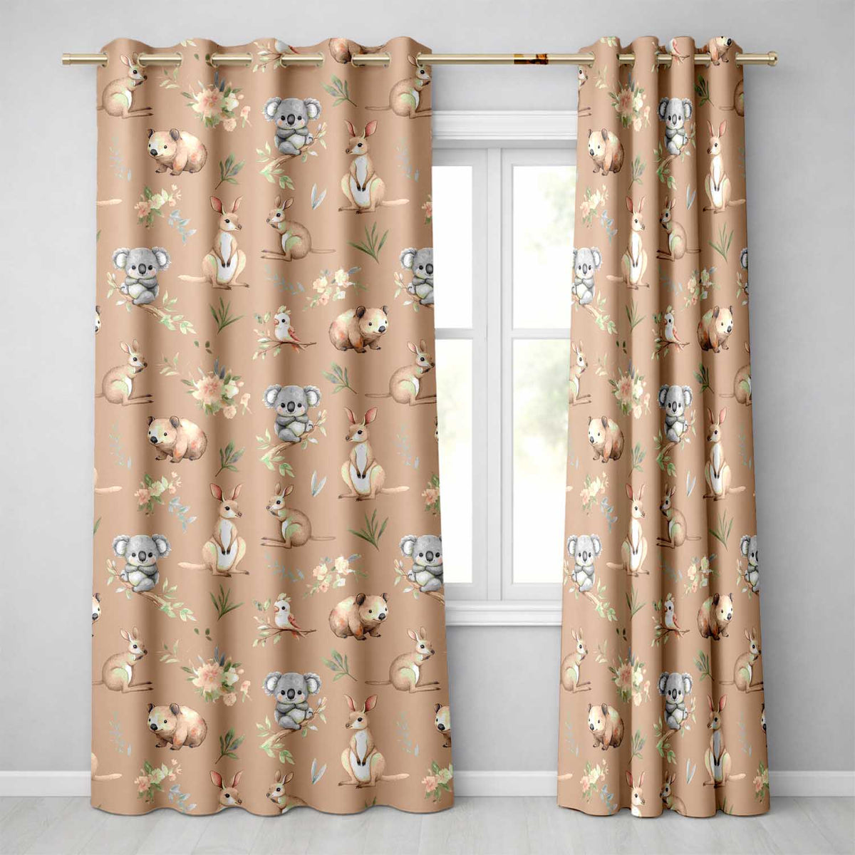 Cute Woodland Animals Koala Kangaroo Bear Floral Pattern Brown Background Readymade Eyelet Ring Top Thermal 100% Blackout Curtains