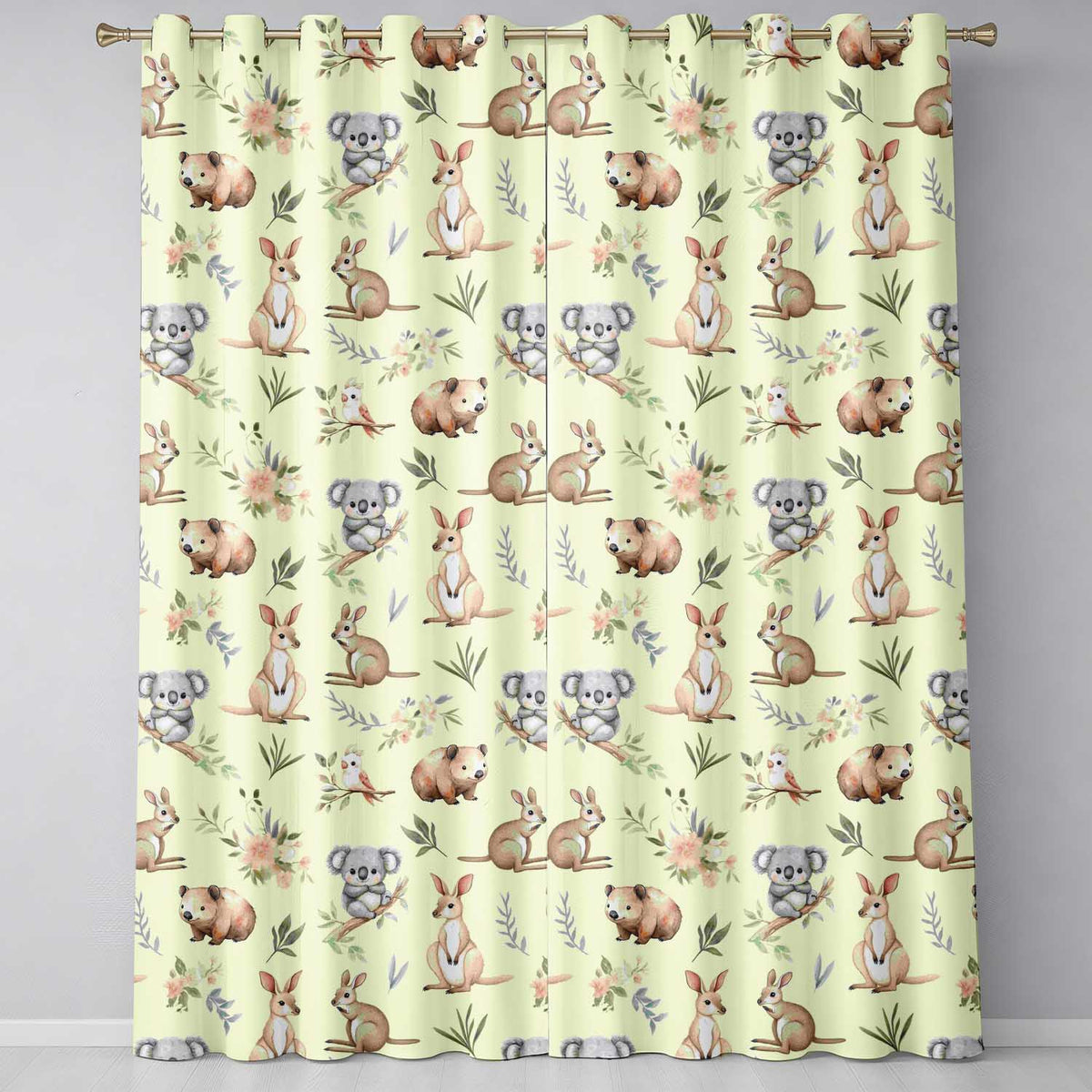 Cute Woodland Animals Koala Kangaroo Bear Floral Pattern Cream Background Readymade Eyelet Ring Top Thermal 100% Blackout Curtains