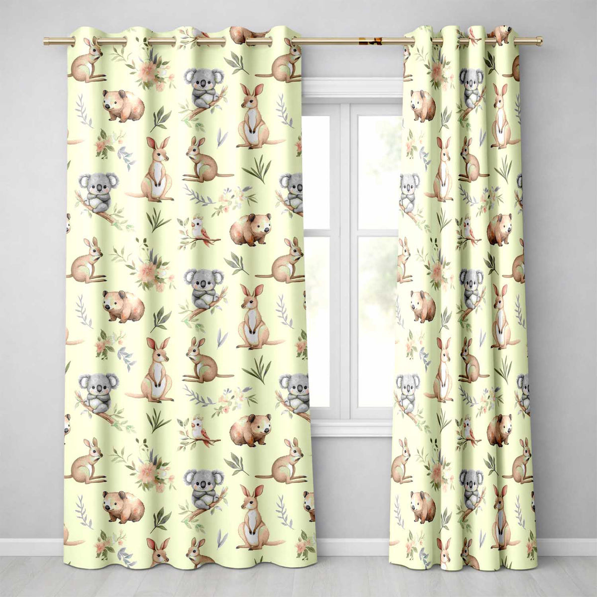 Cute Woodland Animals Koala Kangaroo Bear Floral Pattern Cream Background Readymade Eyelet Ring Top Thermal 100% Blackout Curtains