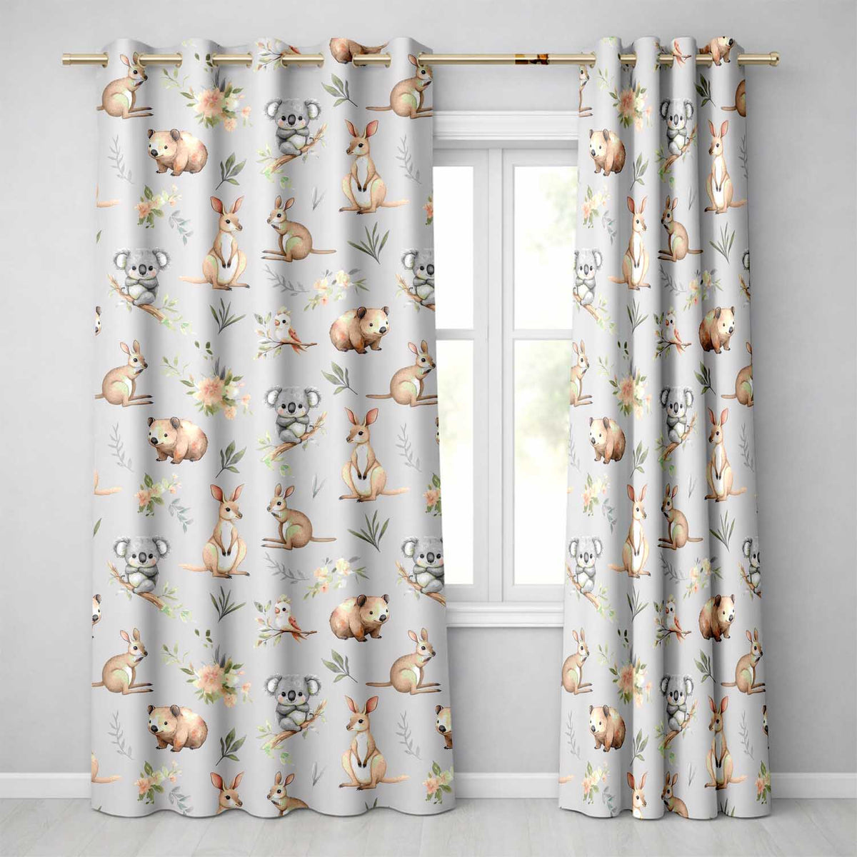 Cute Woodland Animals Koala Kangaroo Bear Floral Pattern Grey Background Readymade Eyelet Ring Top Thermal 100% Blackout Curtains