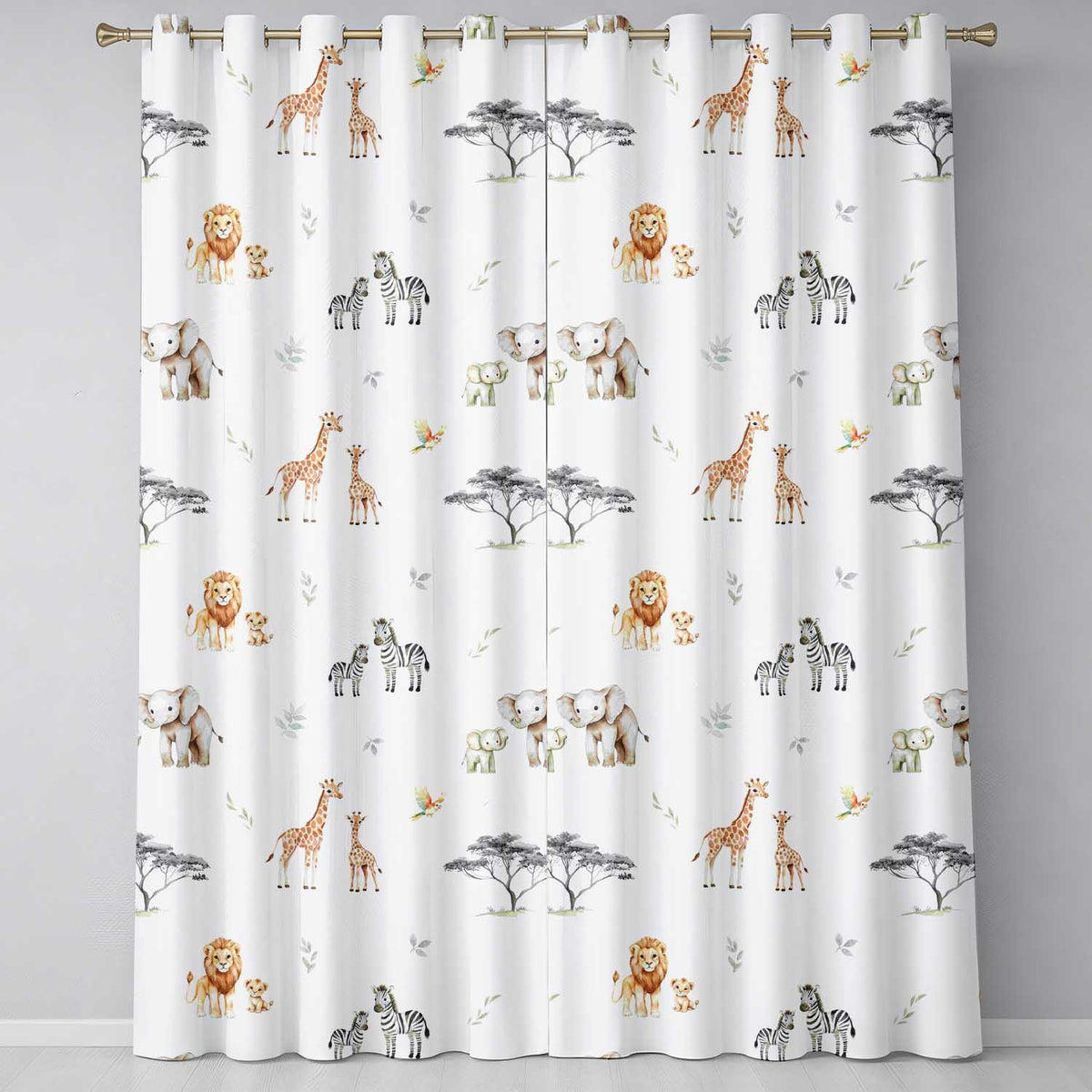 Cute Safari Animals Giraffe Lion Zebra Parrot Pattern Grey Background Readymade Eyelet Ring Top Thermal 100% Blackout Curtains