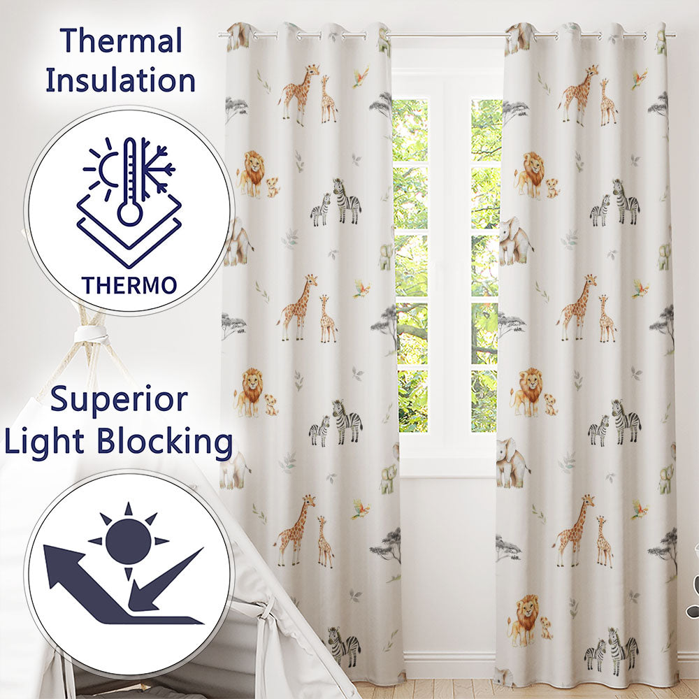 Cute Safari Animals Giraffe Lion Zebra Parrot Pattern Grey Background Readymade Eyelet Ring Top Thermal 100% Blackout Curtains