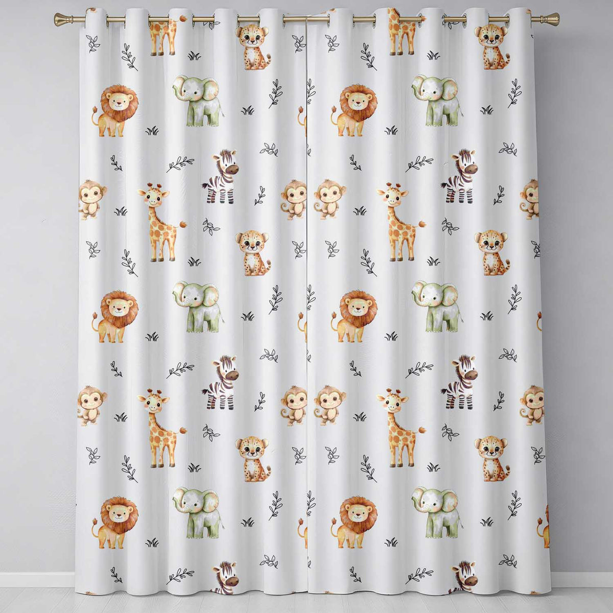 Cute Baby Safari Animals Elephant Giraffe Lion Zebra Pattern Grey Background Readymade Eyelet Ring Top Thermal 100% Blackout Curtains