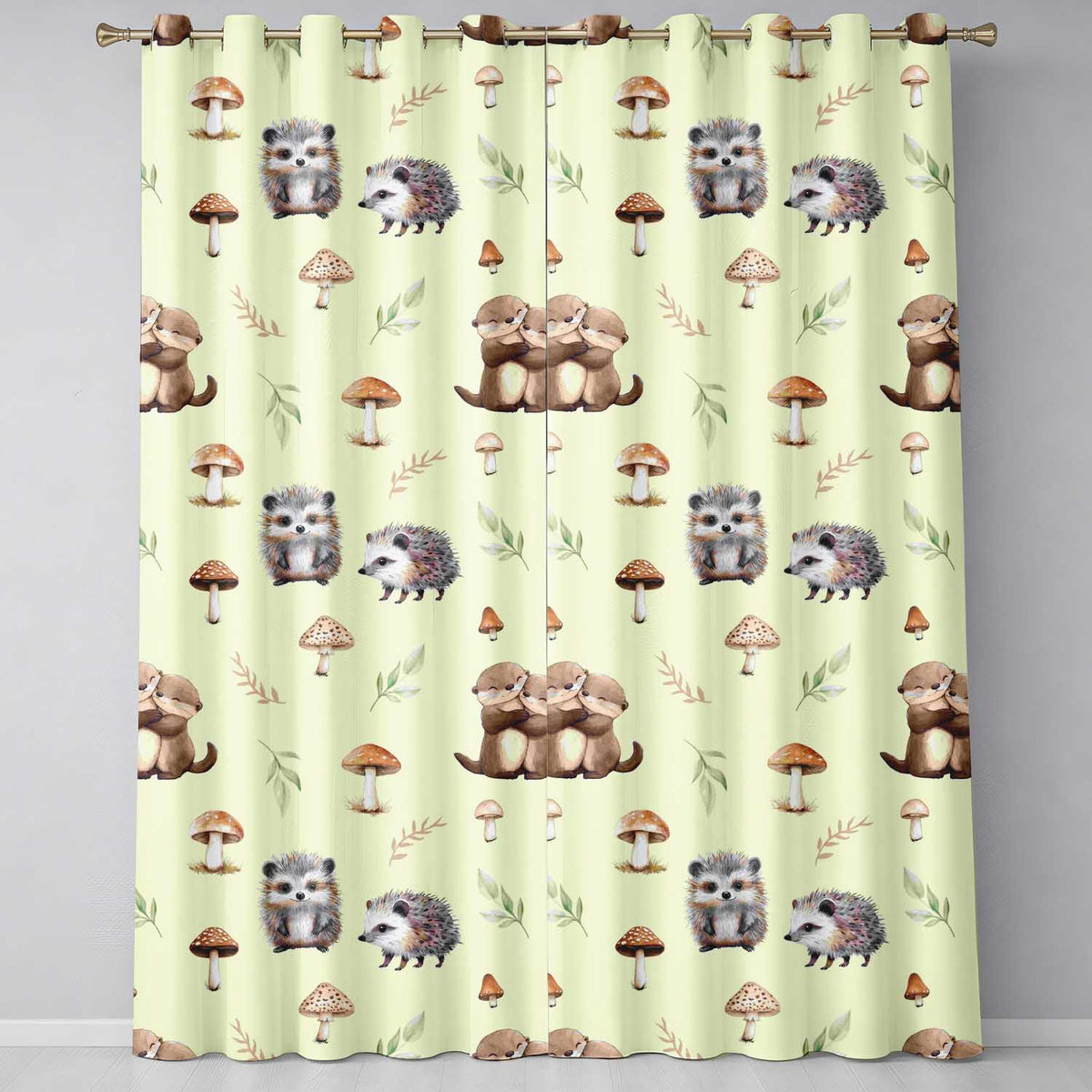 Cute Woodland Hedgehog Mushrooms Leaves Seamless Pattern Light Beige Background Readymade Eyelet Ring Top Thermal 100% Blackout Curtains