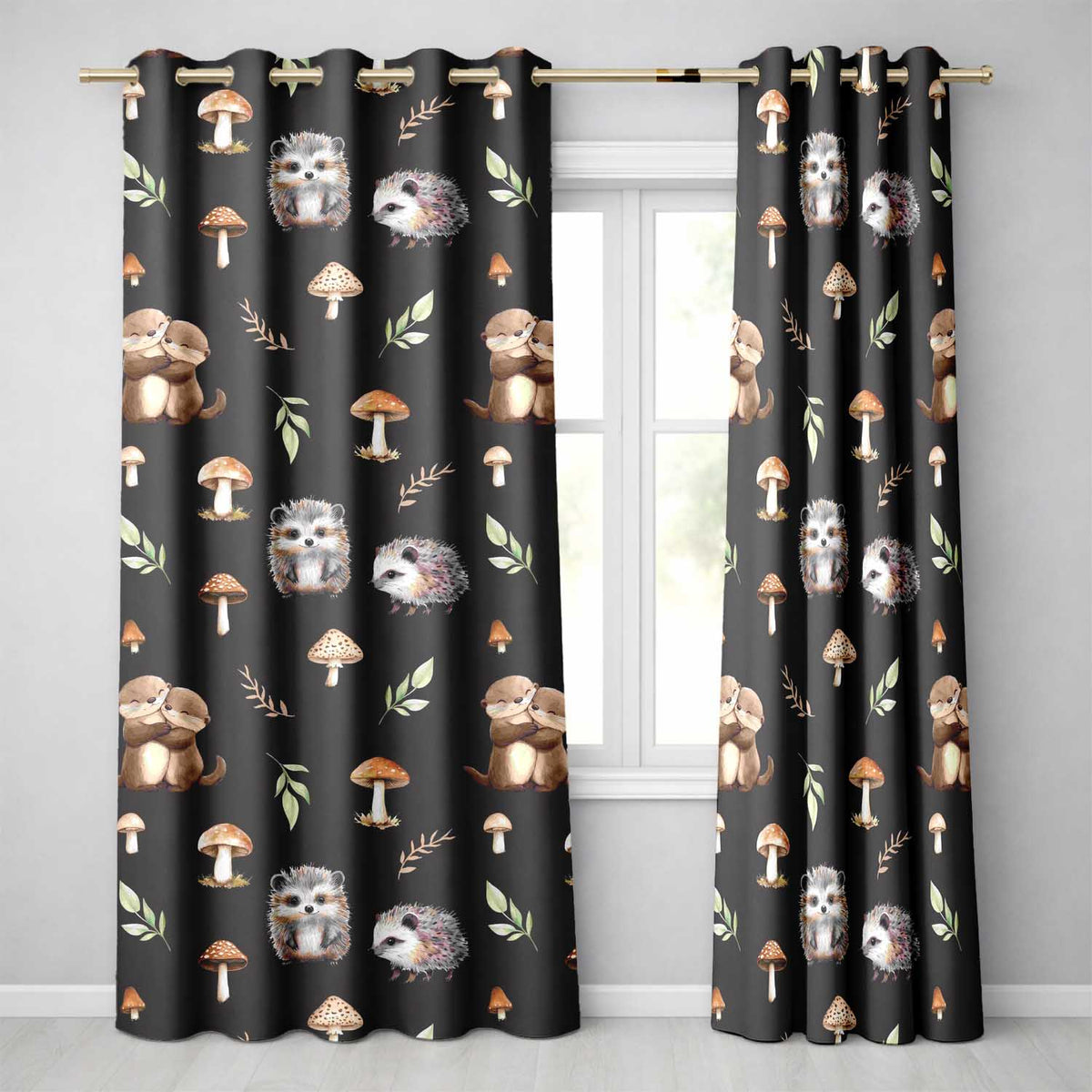 Cute Woodland Hedgehog Mushrooms Leaves Seamless Pattern Dark Brown Background Readymade Eyelet Ring Top Thermal 100% Blackout Curtains