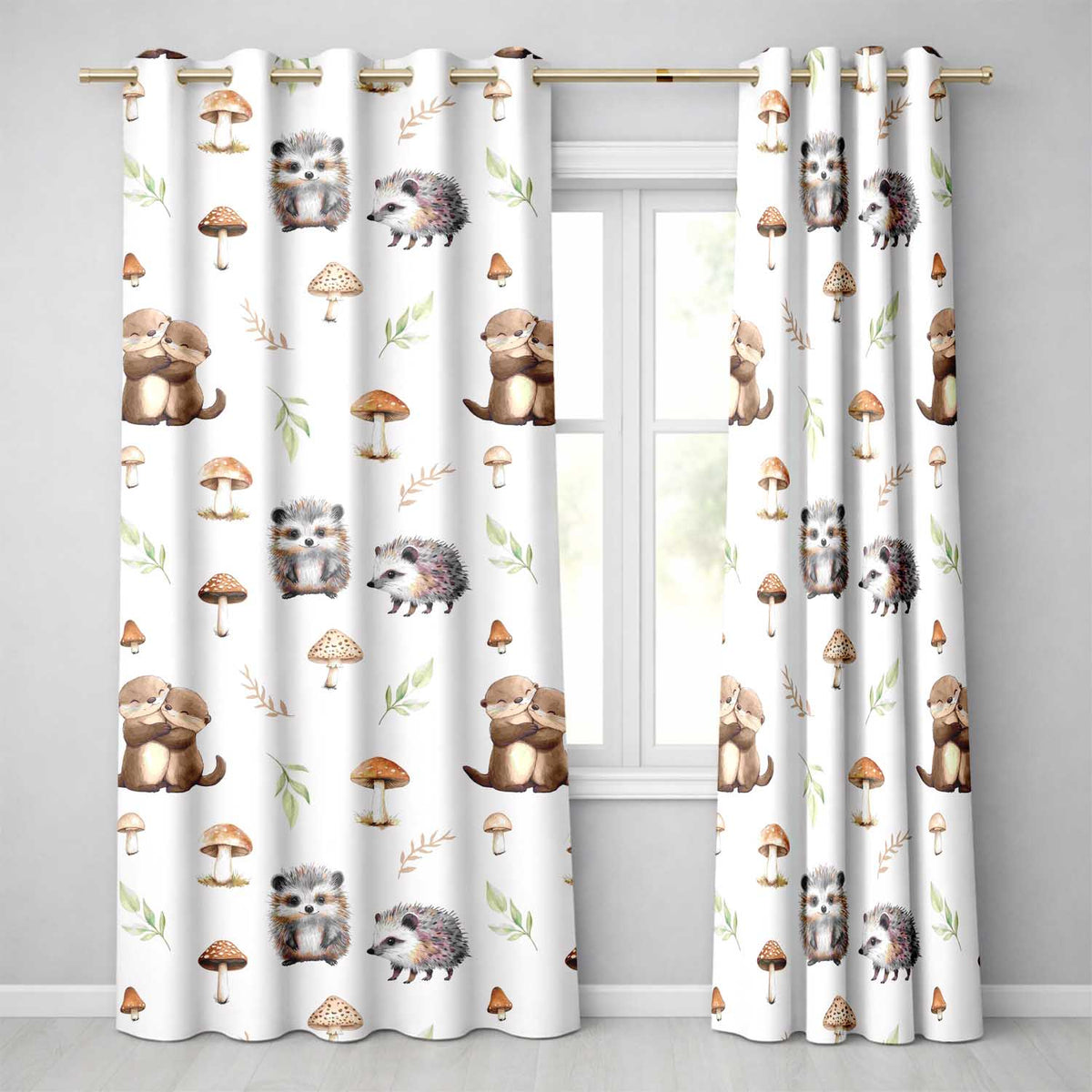 Cute Woodland Hedgehog Mushrooms Leaves Seamless Pattern Soft Grey Background Readymade Eyelet Ring Top Thermal 100% Blackout Curtains