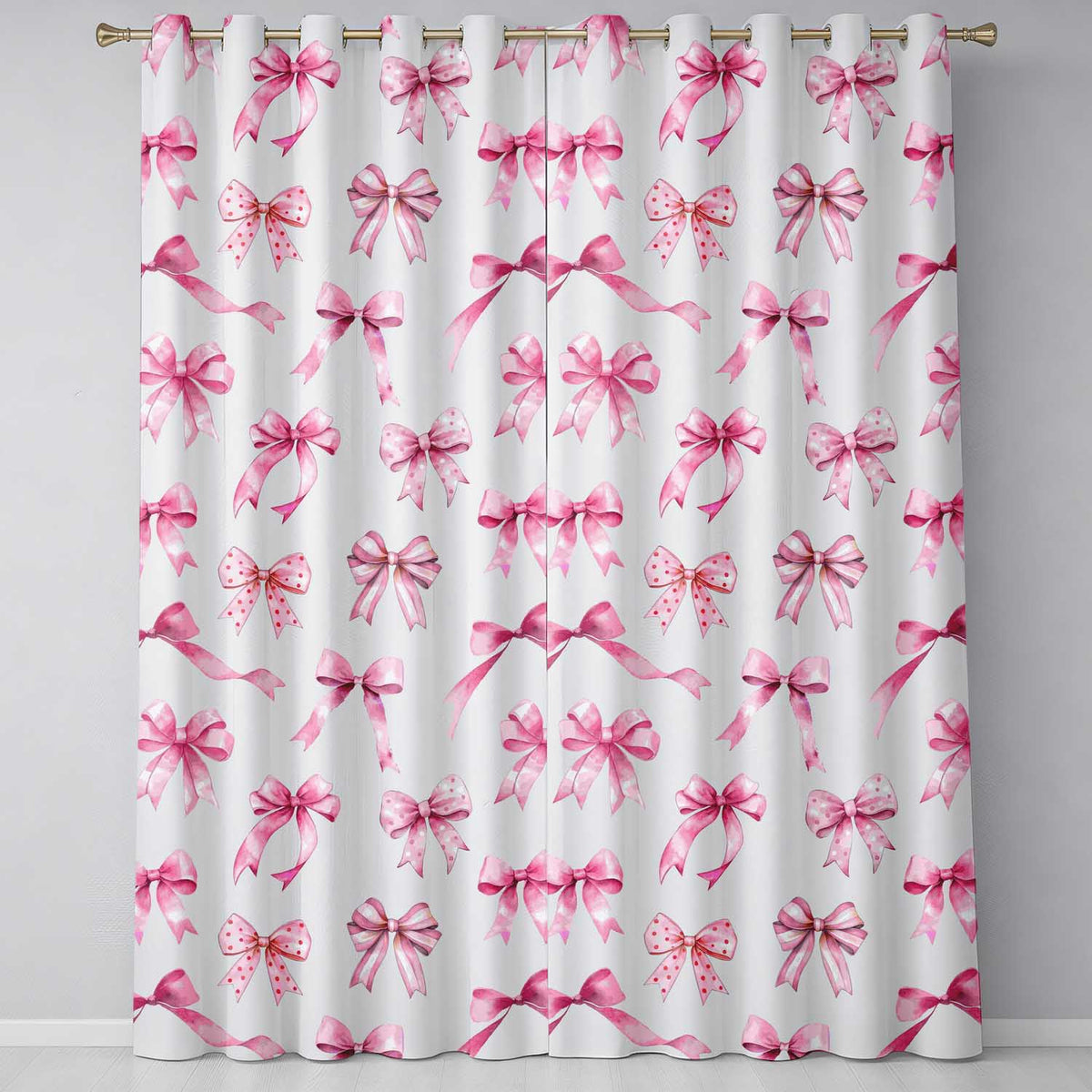 Pink Watercolor Ribbon Bow Pattern On Grey Background Seamless Pattern Readymade Eyelet Ring Top Thermal 100% Blackout Curtains