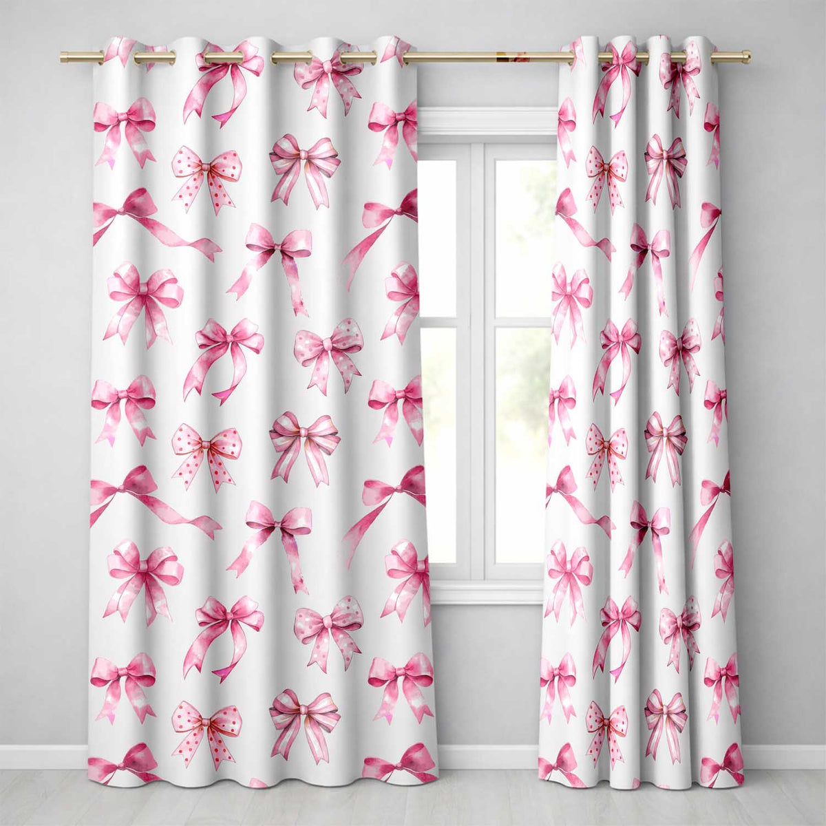 Pink Watercolor Ribbon Bow Pattern On Grey Background Seamless Pattern Readymade Eyelet Ring Top Thermal 100% Blackout Curtains
