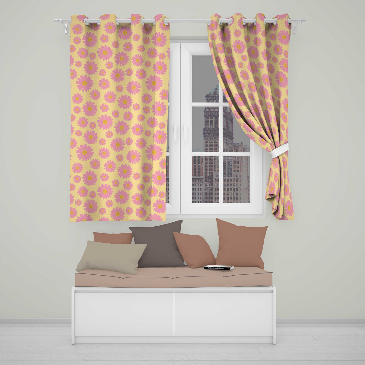 Pink Daisy Floral Pattern with Yellow Centers on Grey Background Pattern Readymade Eyelet Ring Top Thermal 100% Blackout Curtains
