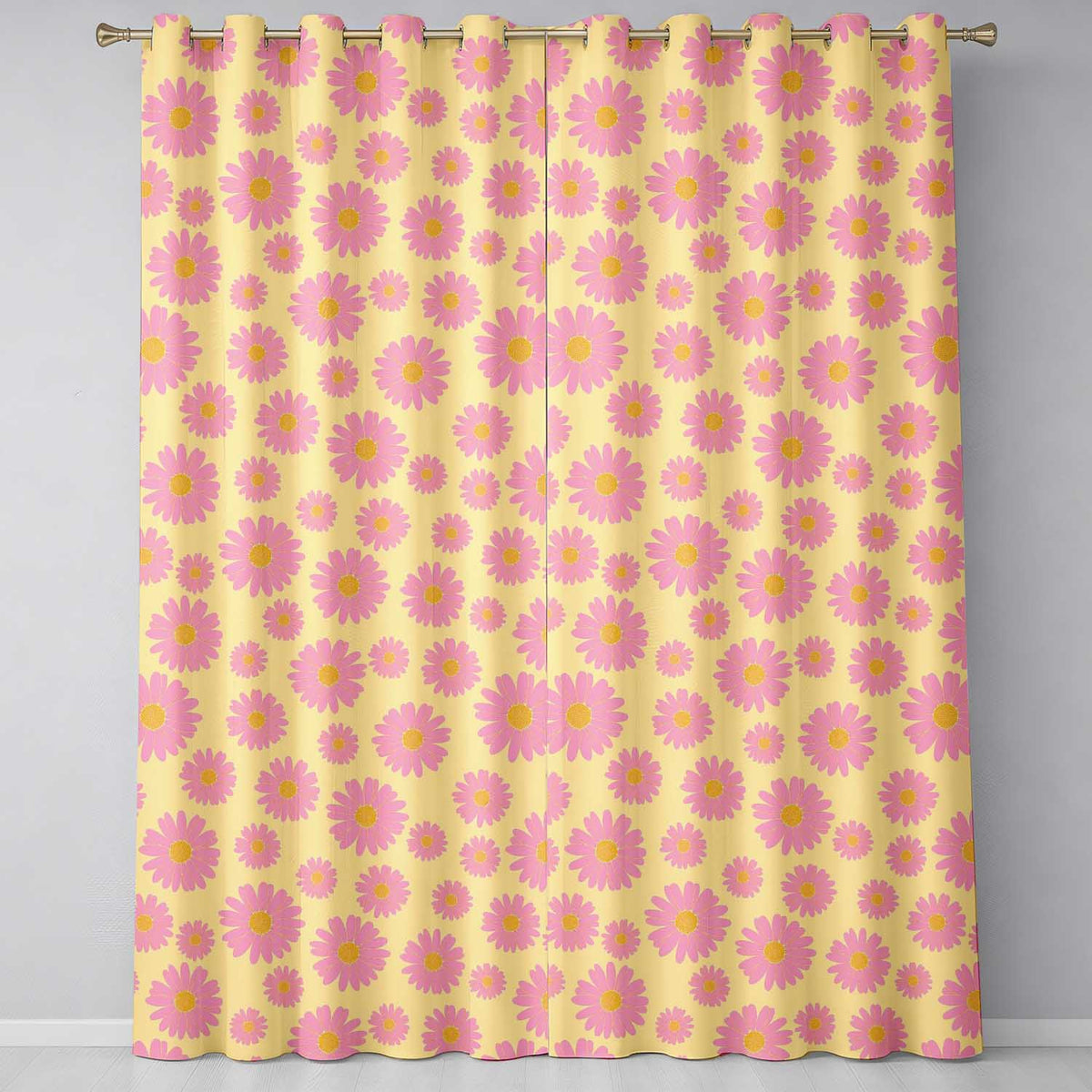 Pink Daisy Floral Pattern with Yellow Centers on Grey Background Pattern Readymade Eyelet Ring Top Thermal 100% Blackout Curtains