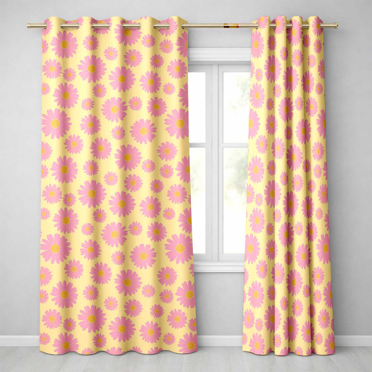 Pink Daisy Floral Pattern with Yellow Centers on Grey Background Pattern Readymade Eyelet Ring Top Thermal 100% Blackout Curtains