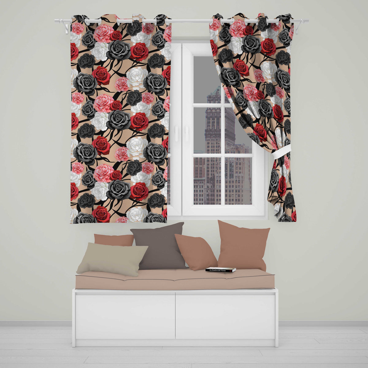 Elegant Rose Floral with Black Red and White Flowers on Beige Background Readymade Eyelet Ring Top Thermal 100% Blackout Curtains