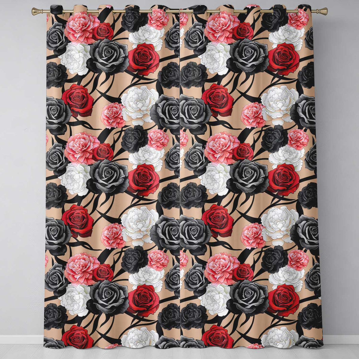 Elegant Rose Floral with Black Red and White Flowers on Beige Background Readymade Eyelet Ring Top Thermal 100% Blackout Curtains