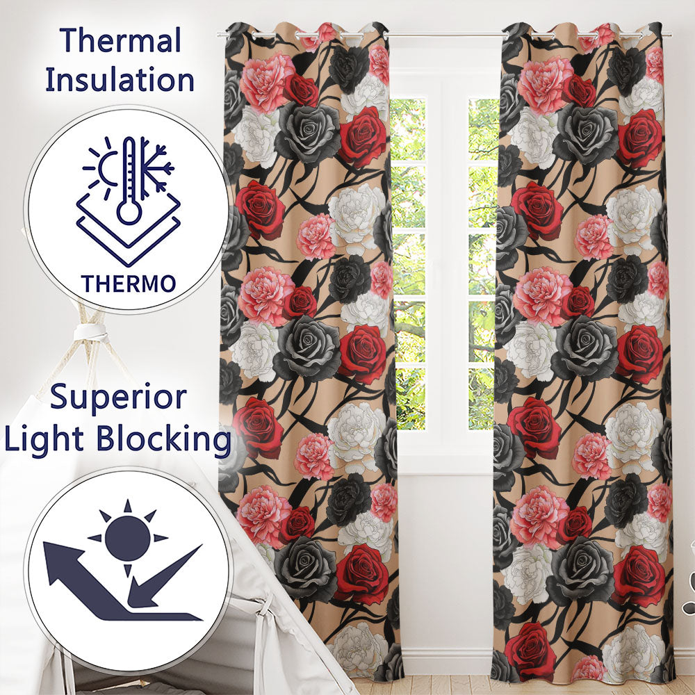 Elegant Rose Floral with Black Red and White Flowers on Beige Background Readymade Eyelet Ring Top Thermal 100% Blackout Curtains