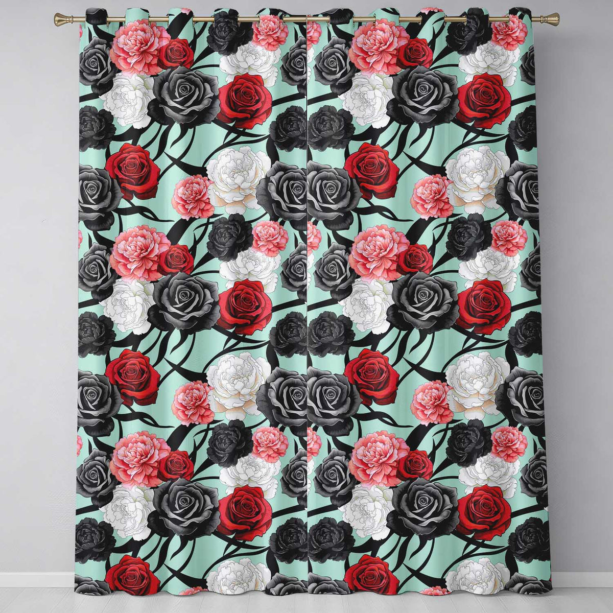 Elegant Rose Floral with Black Red and White Flowers on Teal Background Readymade Eyelet Ring Top Thermal 100% Blackout Curtains
